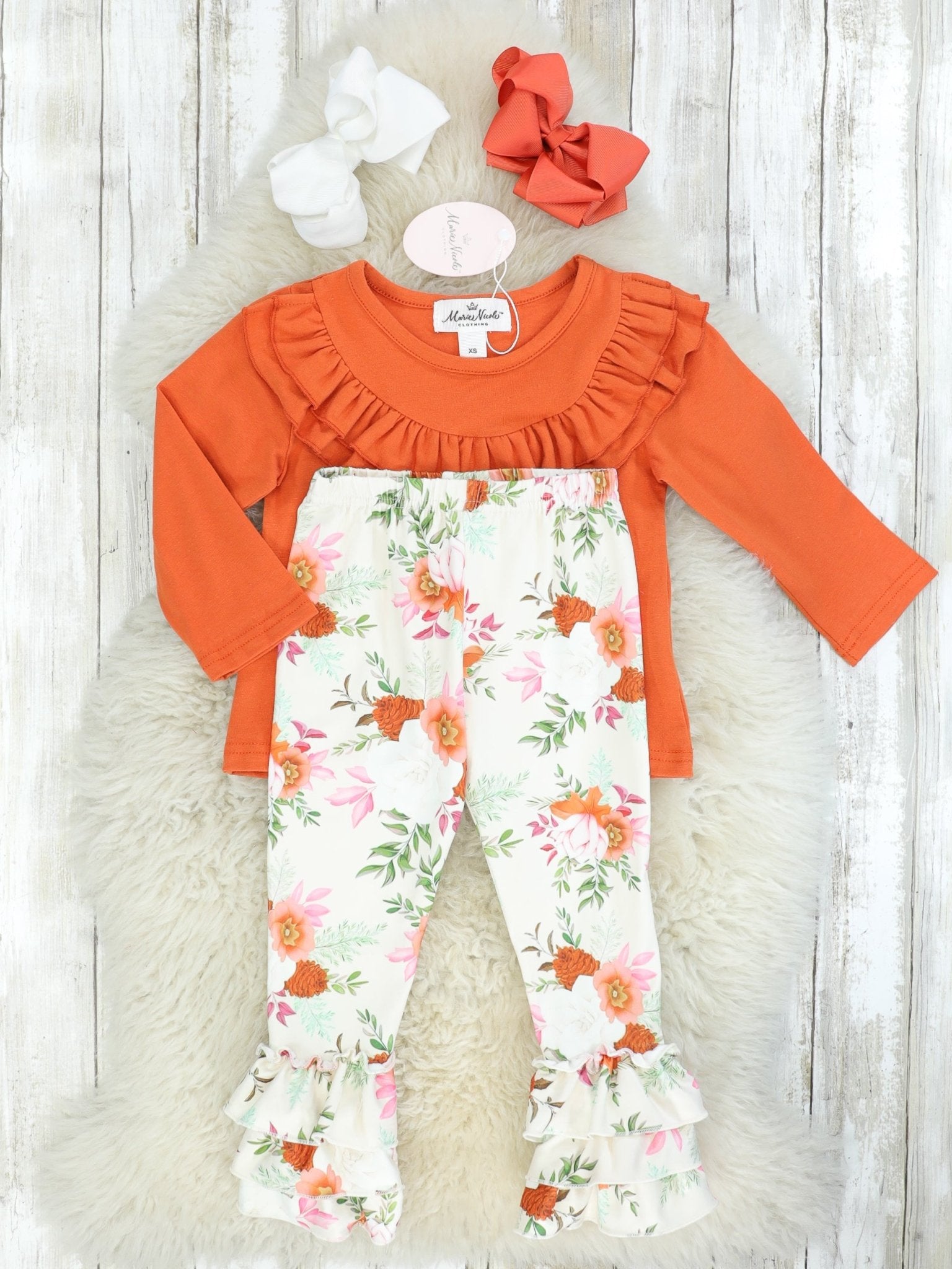 Burnt Orange Ruffle Top & Floral Bottoms - Marie Nicole Clothing