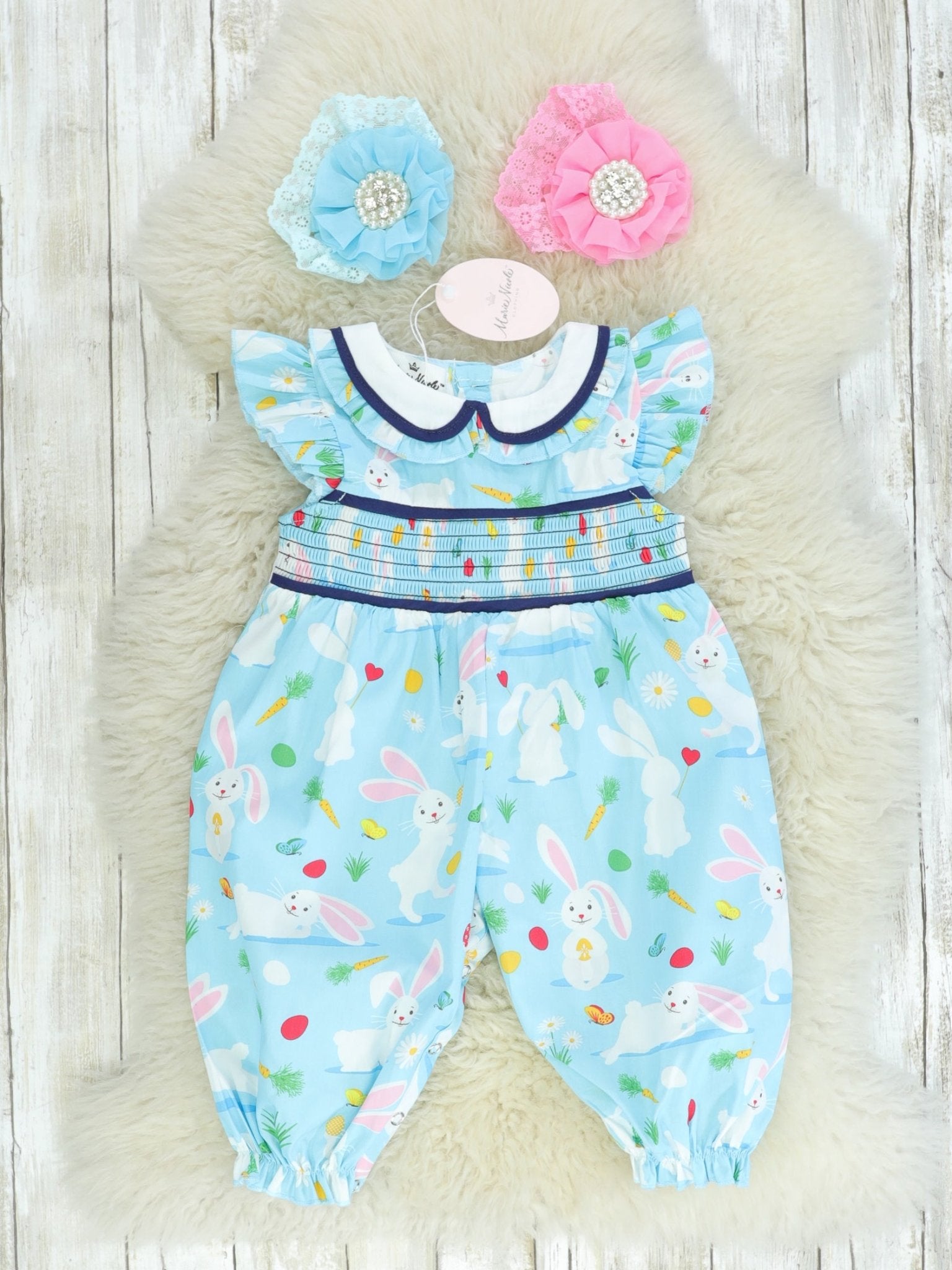 Blue Easter Bunny Romper - Marie Nicole Clothing