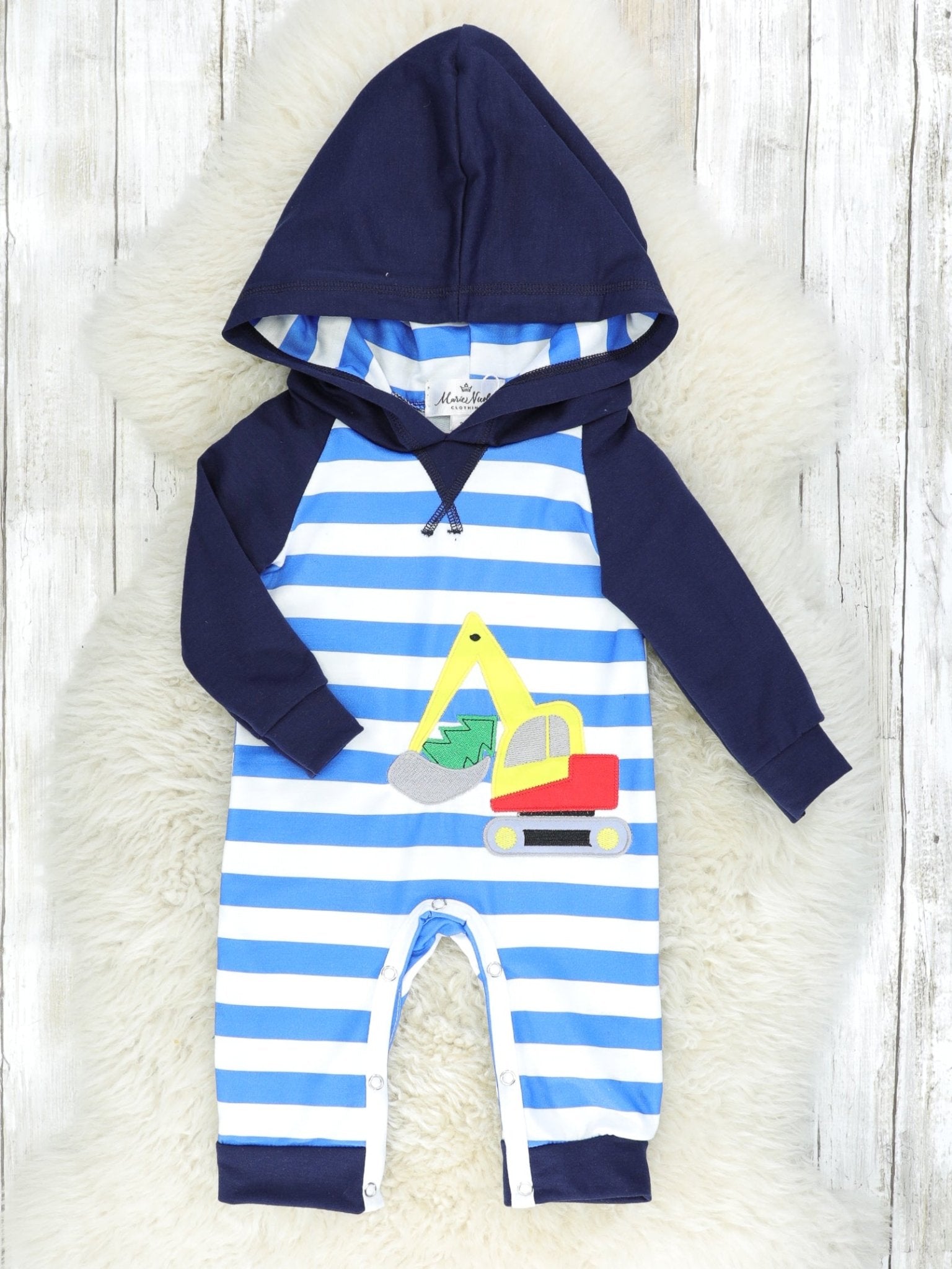 Blue Striped Excavator Hoodie Romper - Marie Nicole Clothing