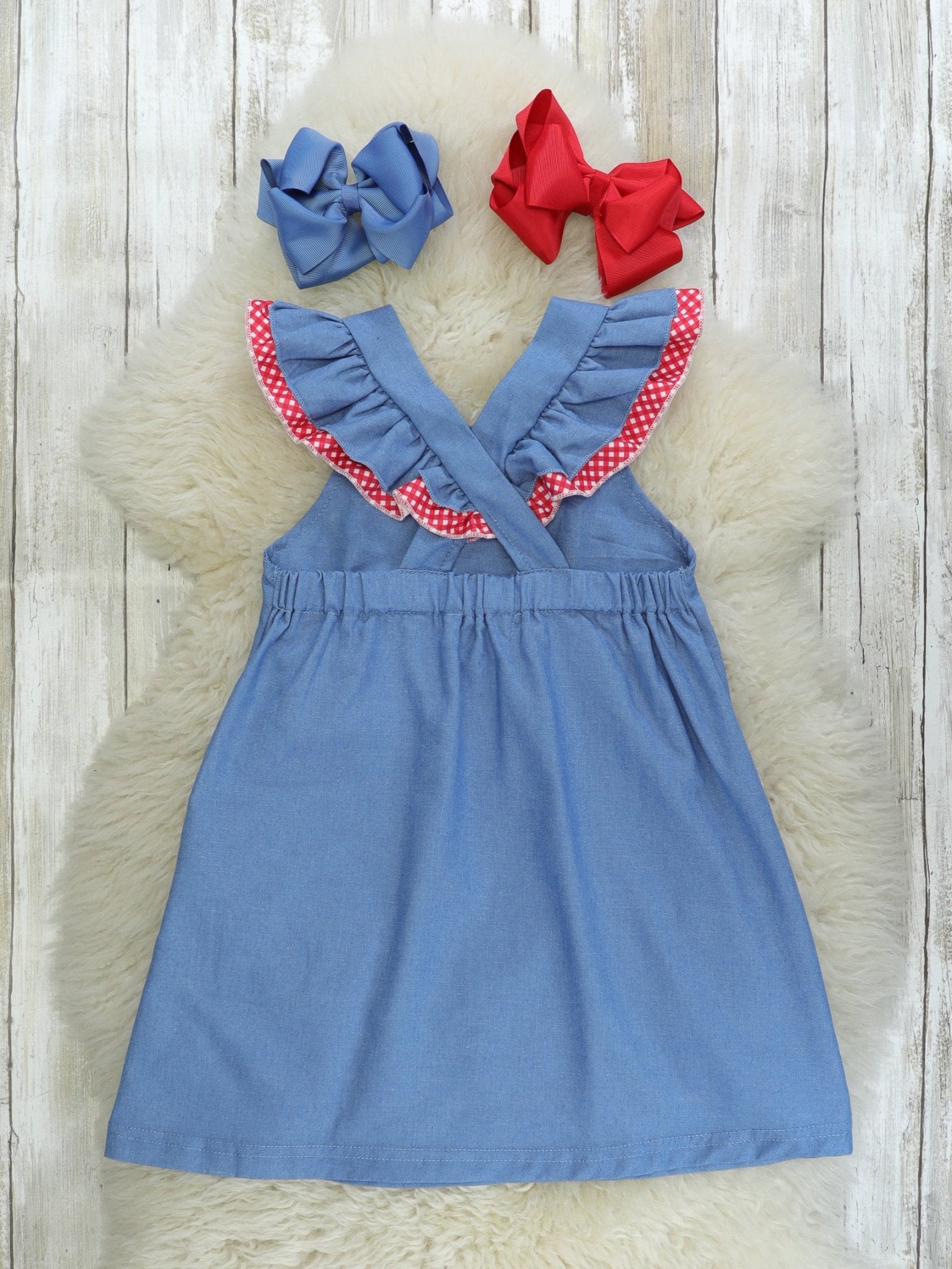 Chambray Apples Ruffle Pocket Dress - Marie Nicole Clothing