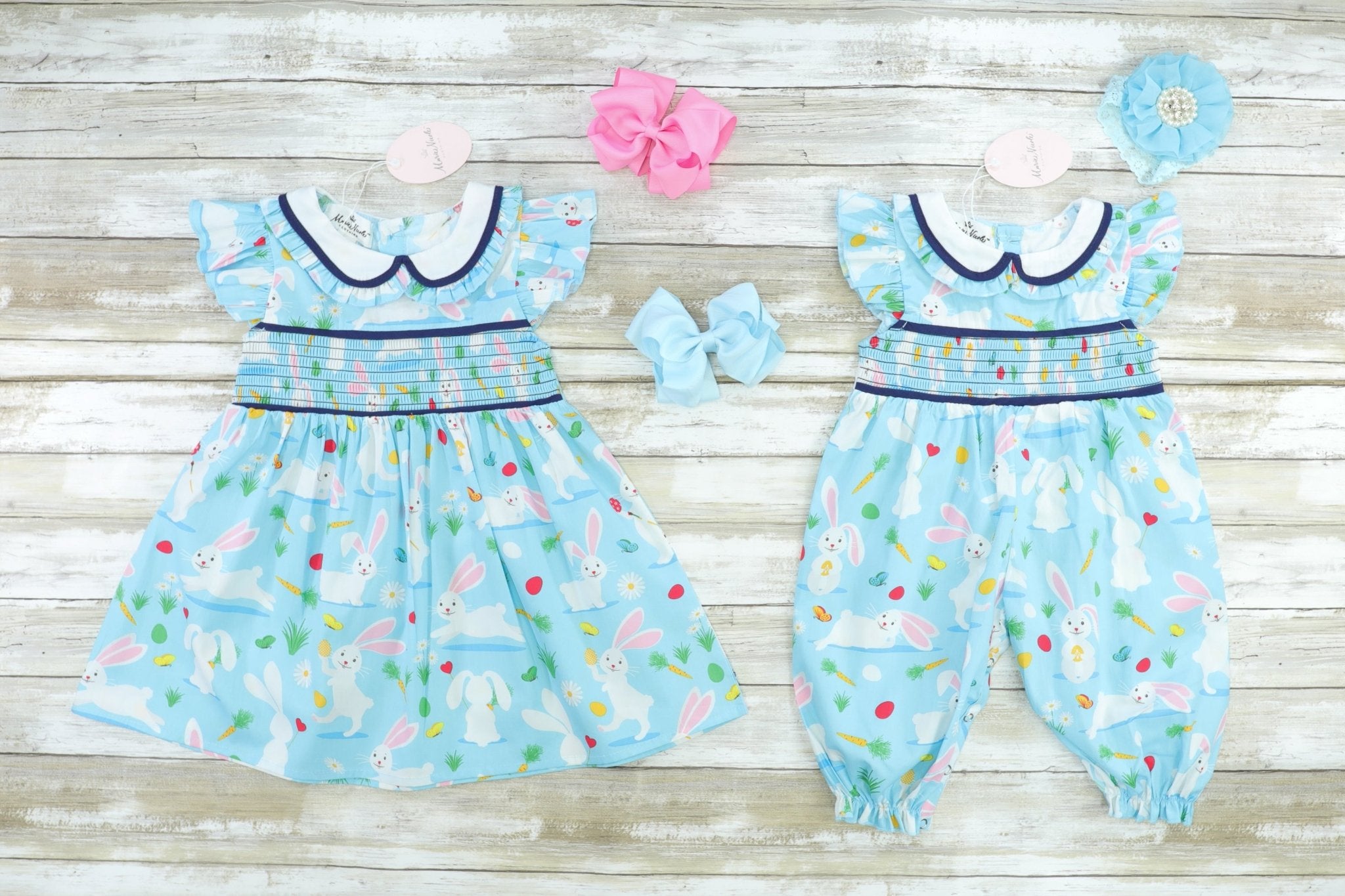 Blue Easter Bunny Romper - Marie Nicole Clothing