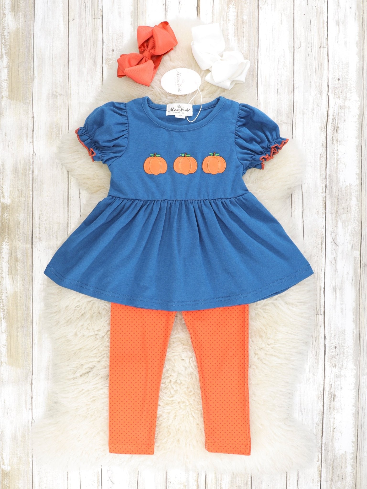 Midnight Blue Pumpkin Peplum Top & Orange Bottoms Outfit - Marie Nicole Clothing