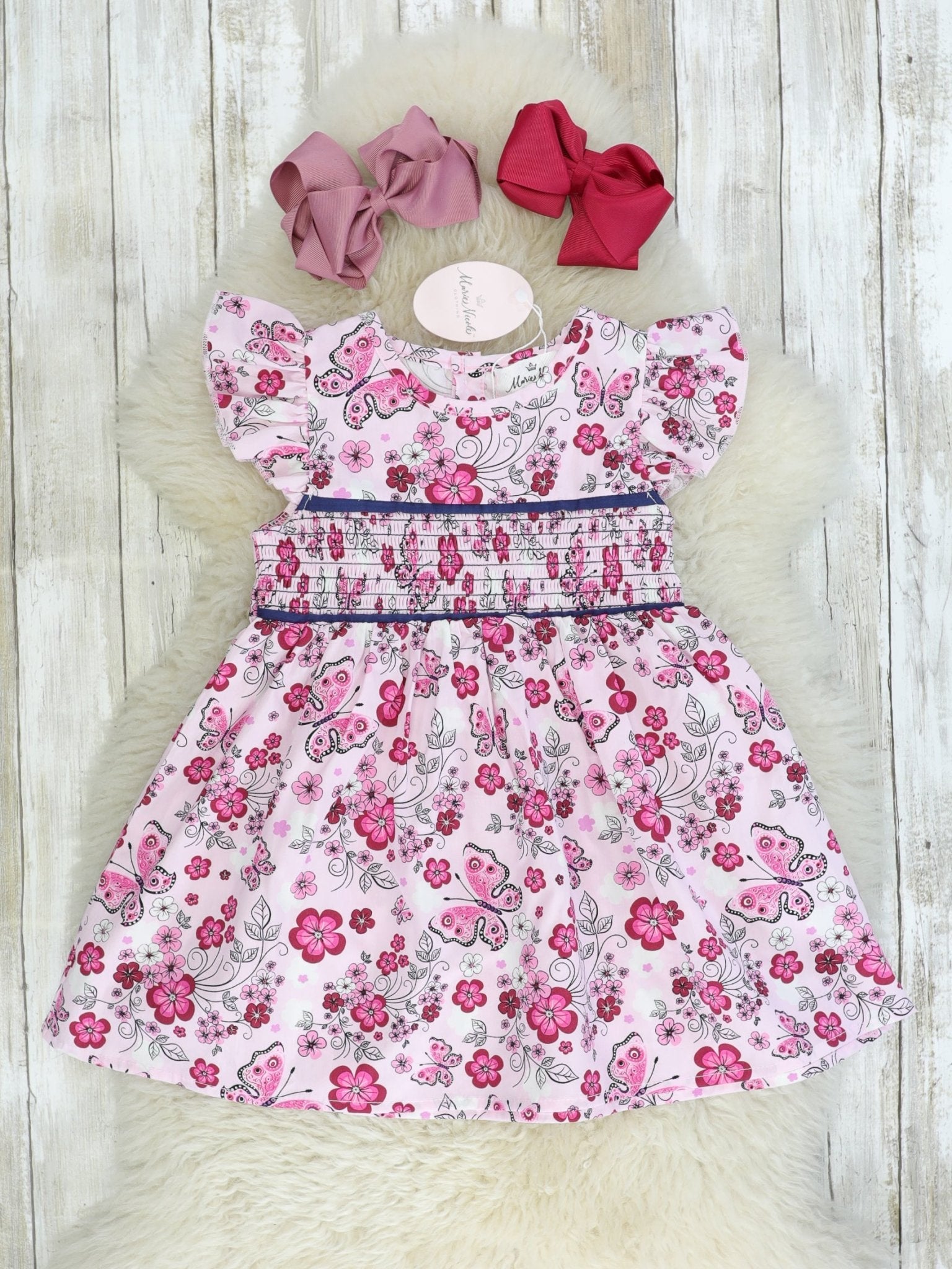 Pink Butterfly Smocked Dress - Marie Nicole Clothing