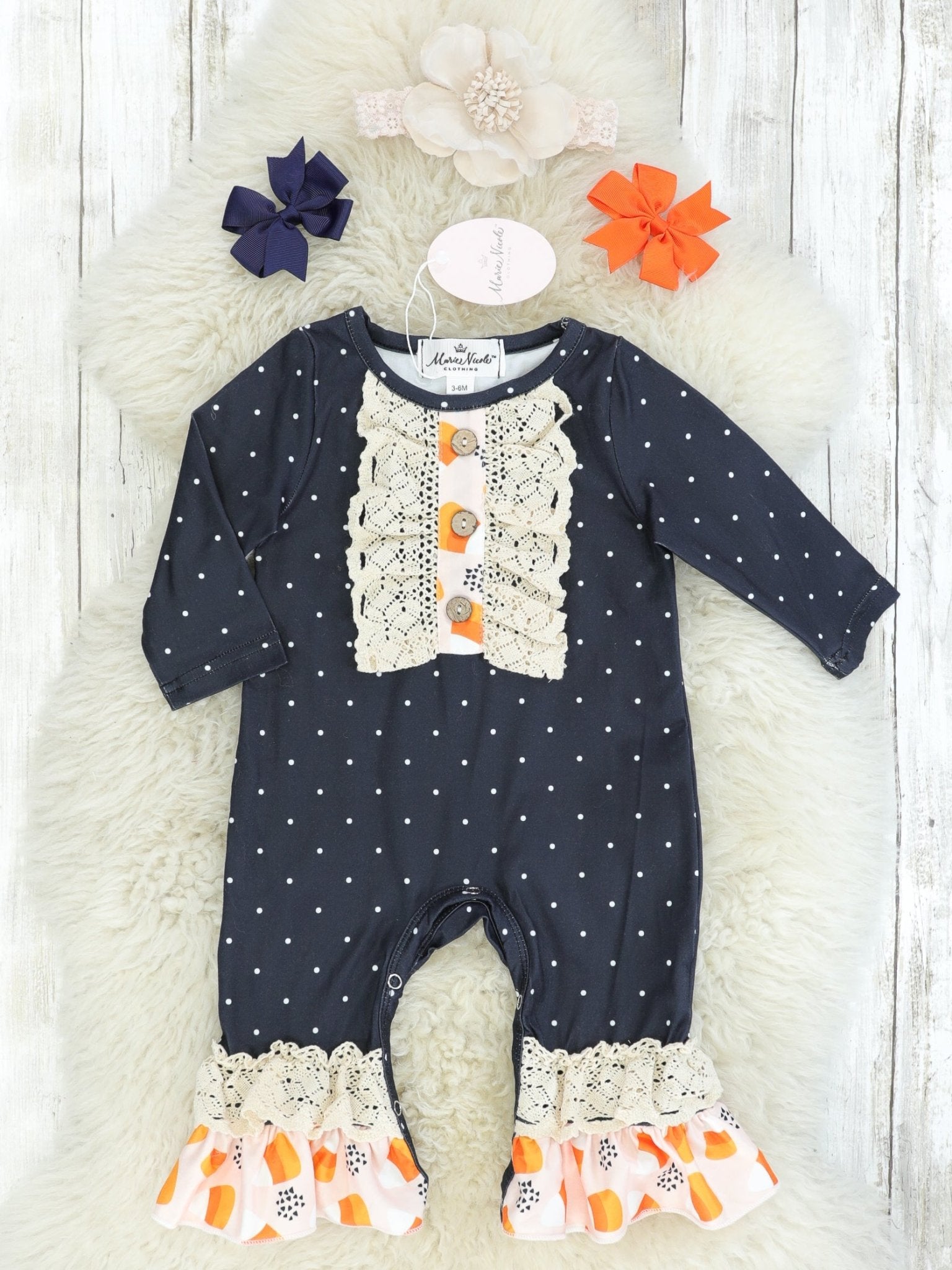 Polka Dot Candy Corn Ruffle Romper - Marie Nicole Clothing