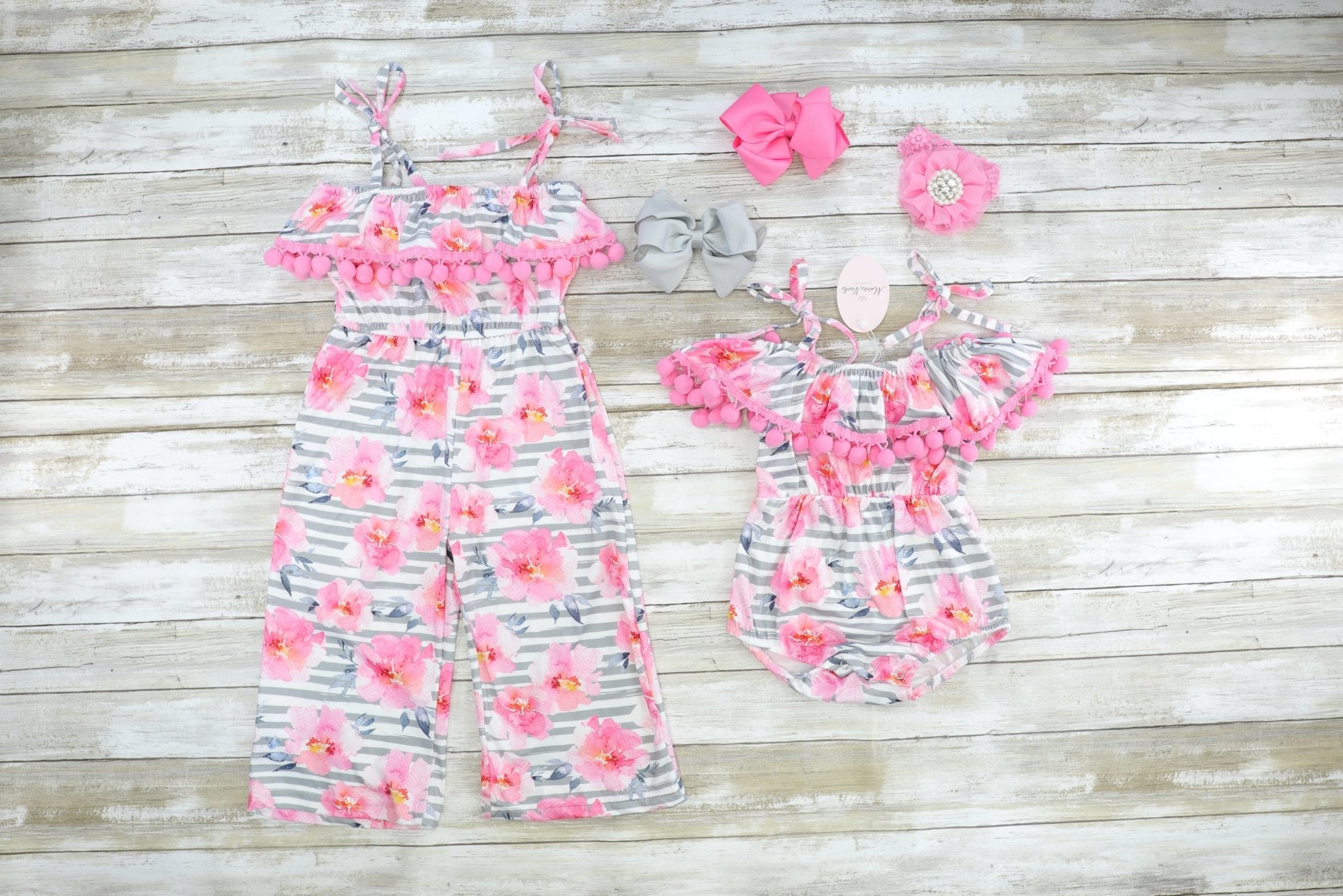 Pink Floral Striped Bubble Romper - Marie Nicole Clothing