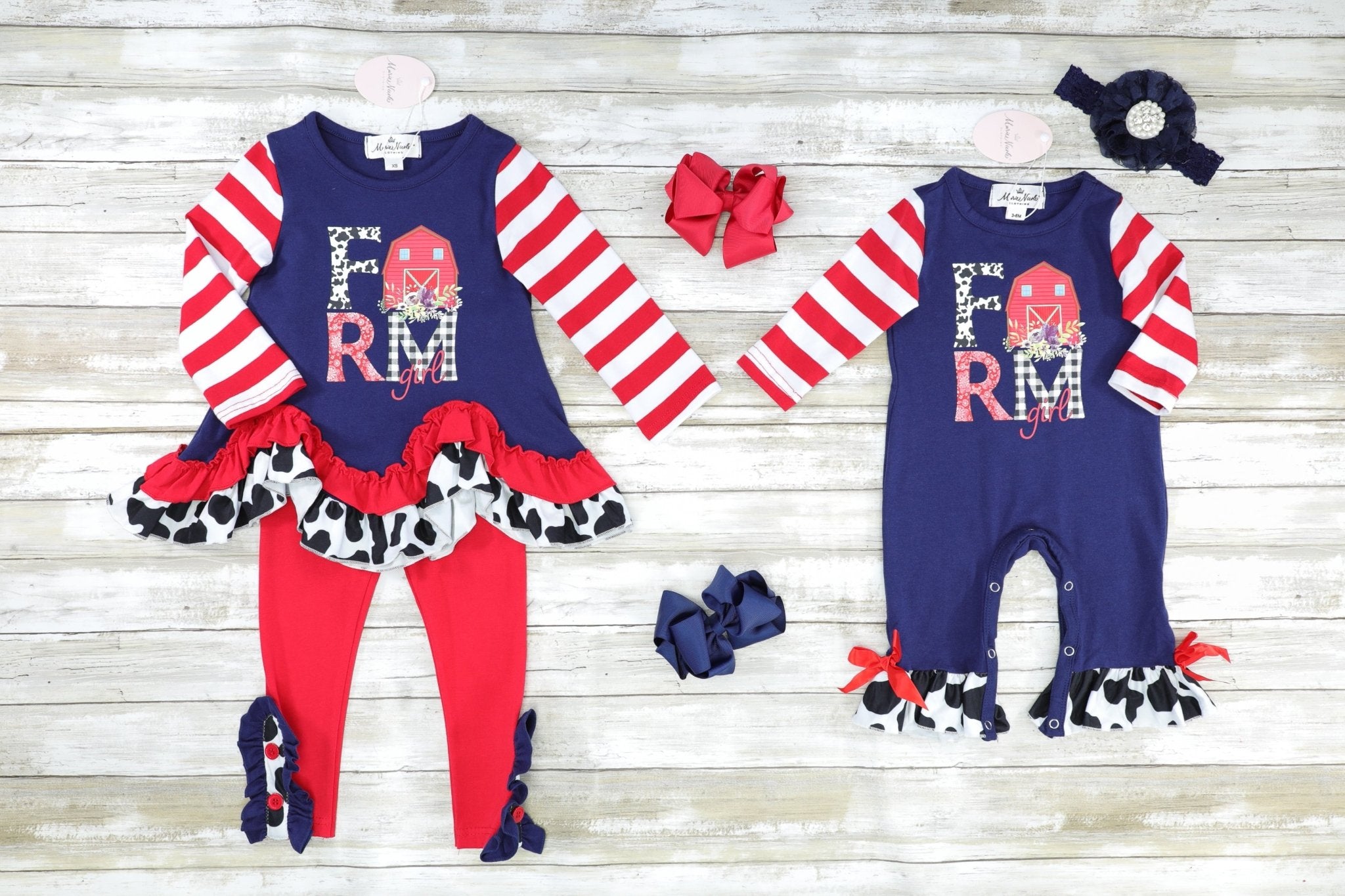 Navy "Farm" Cow Print Ruffle Top & Red Bottoms Outfit - Marie Nicole Clothing