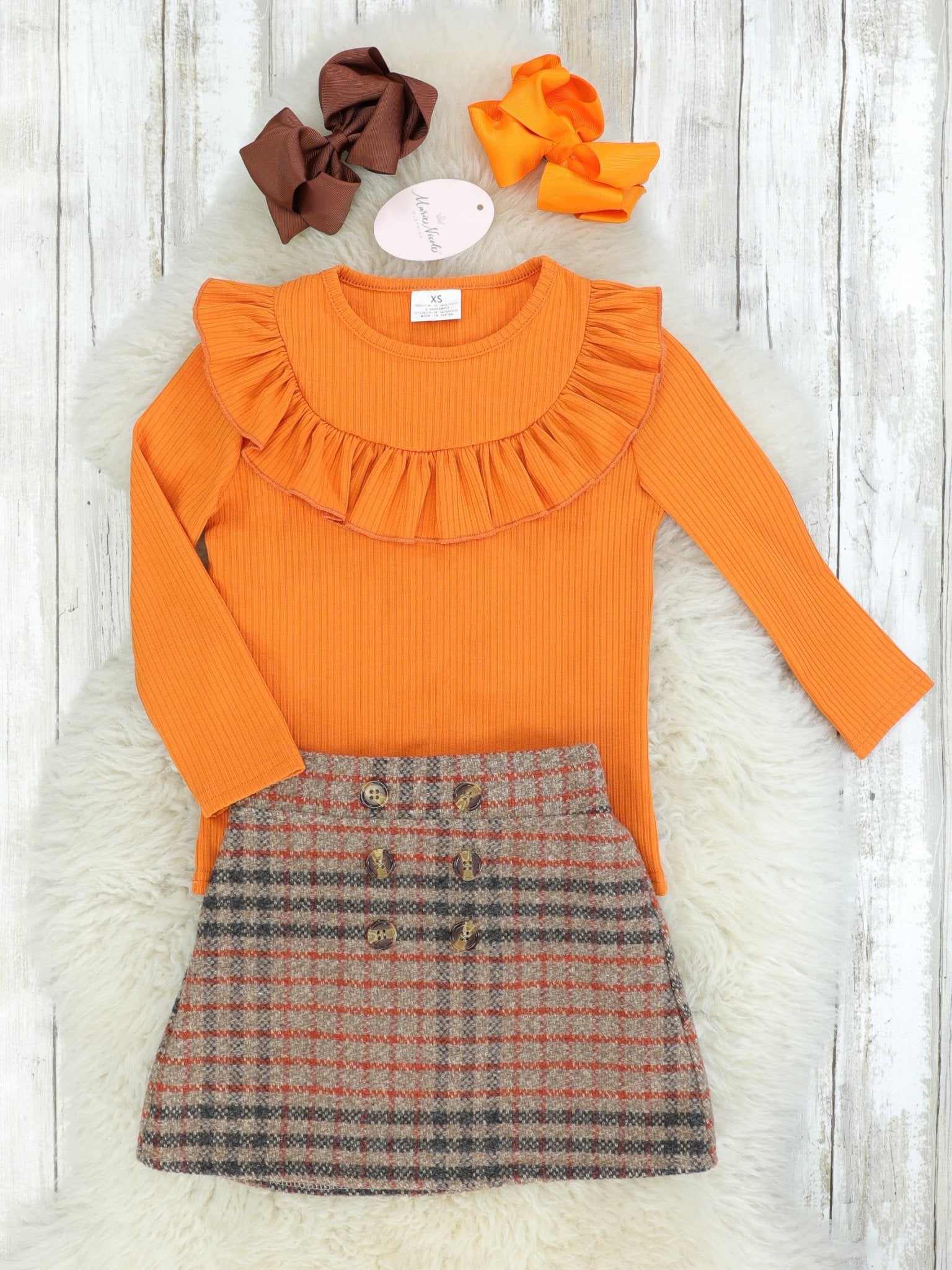 Orange Ribbed Ruffle Top & Plaid Skirt Outfit - Marie Nicole Clothing