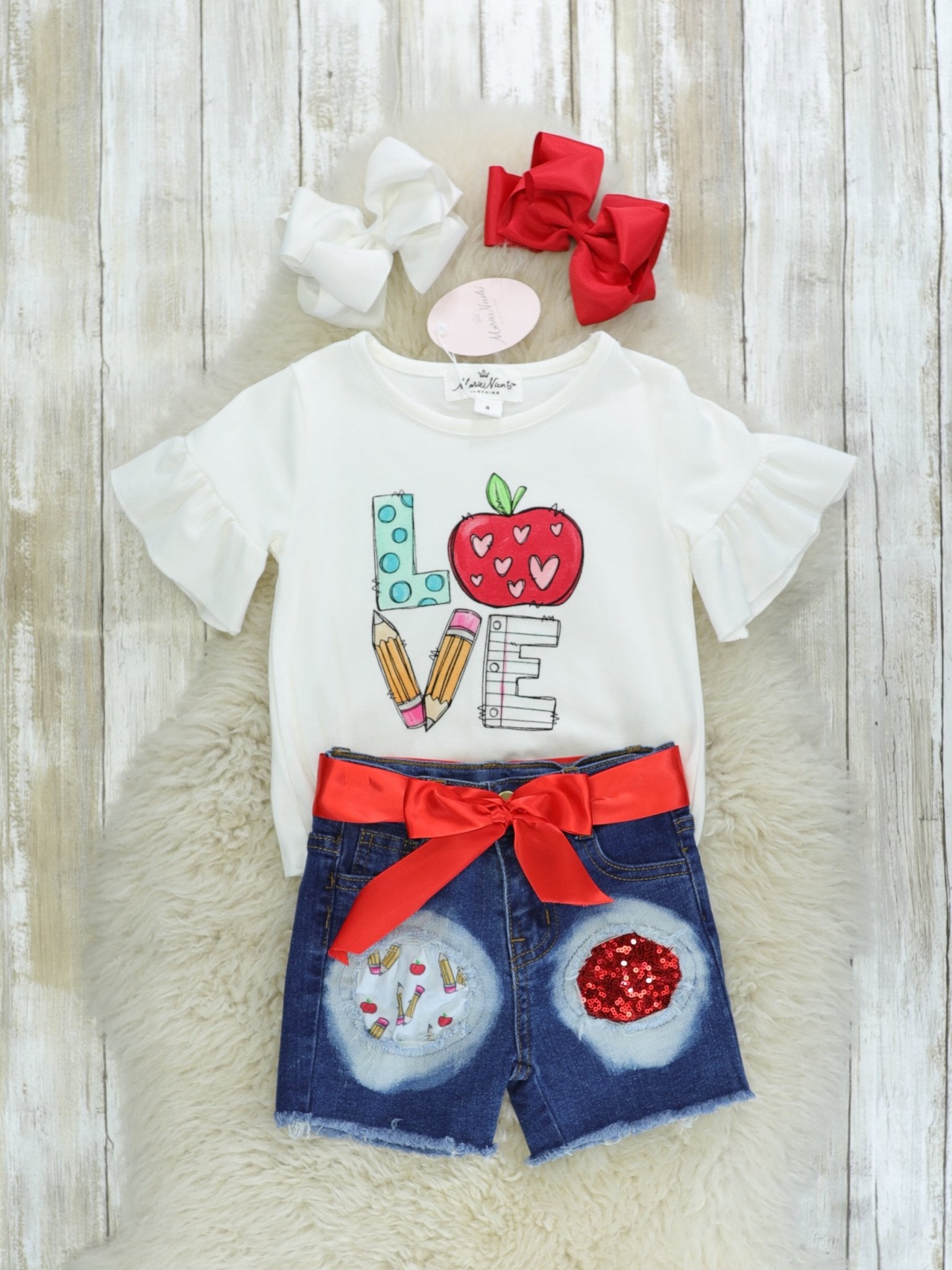 Love School Ruffle Top & Distressed Denim Outfit - Marie Nicole Clothing