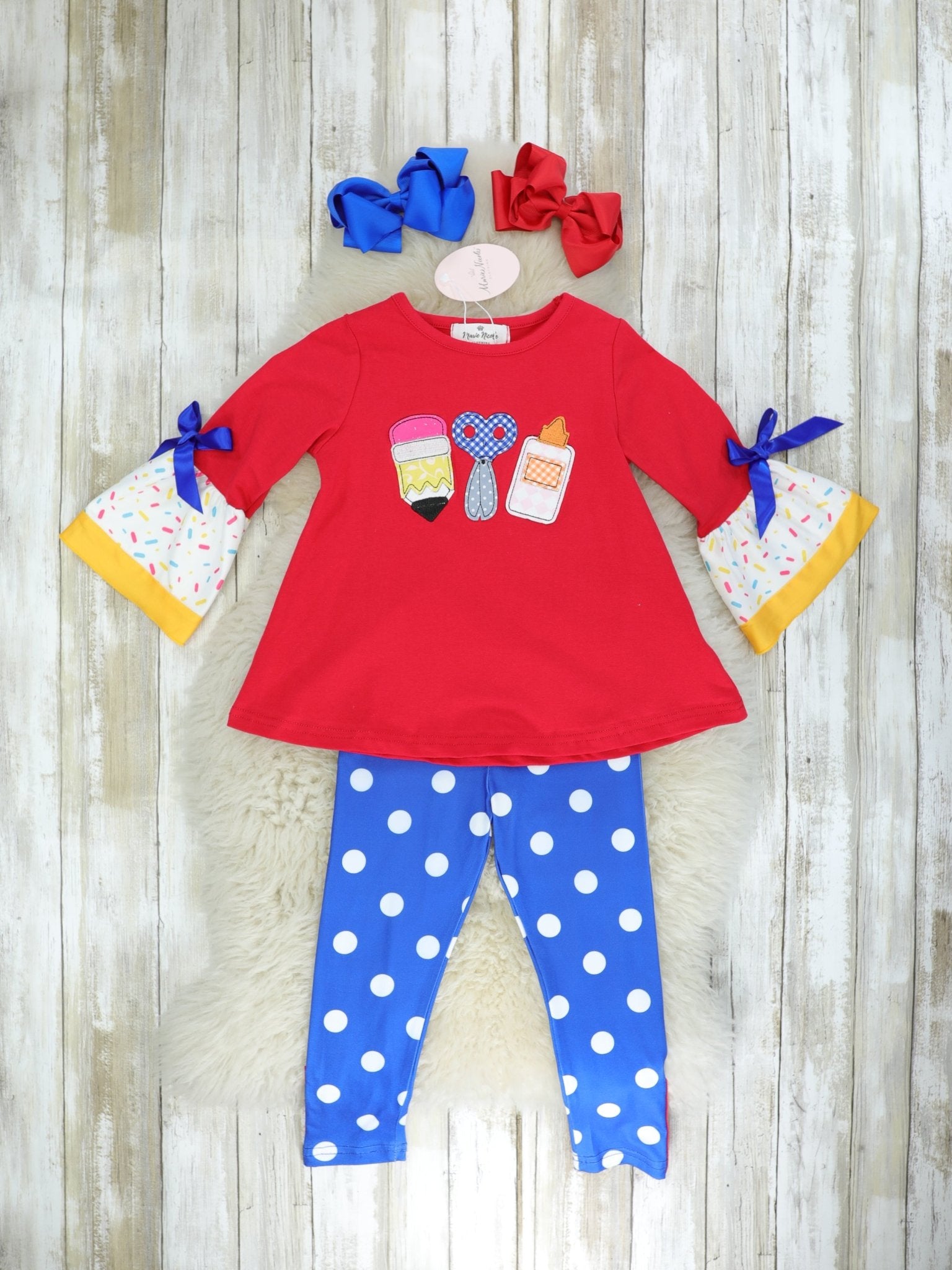 Red School Supplies & Polka Dots Outfit - Marie Nicole Clothing
