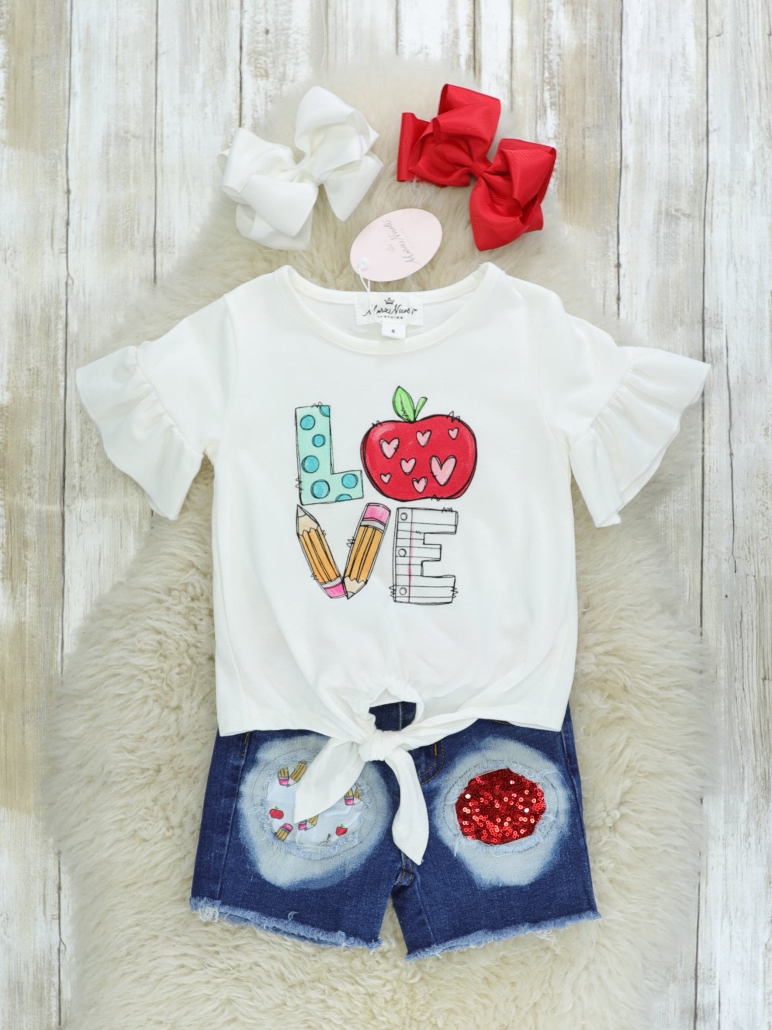 Love School Ruffle Top & Distressed Denim Outfit - Marie Nicole Clothing