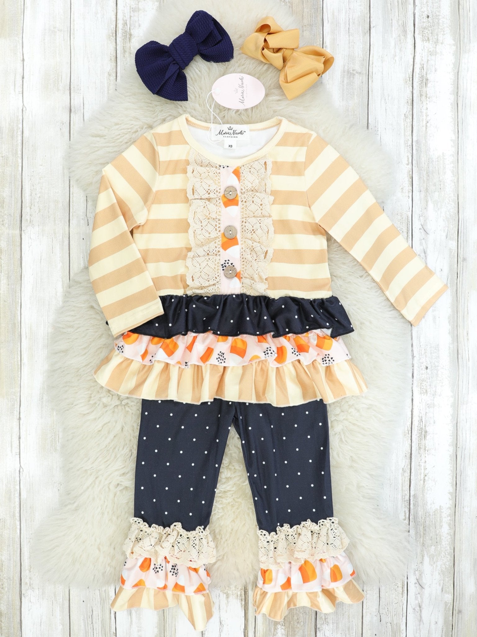 Striped Candy Corn Ruffle Outfit - Marie Nicole Clothing