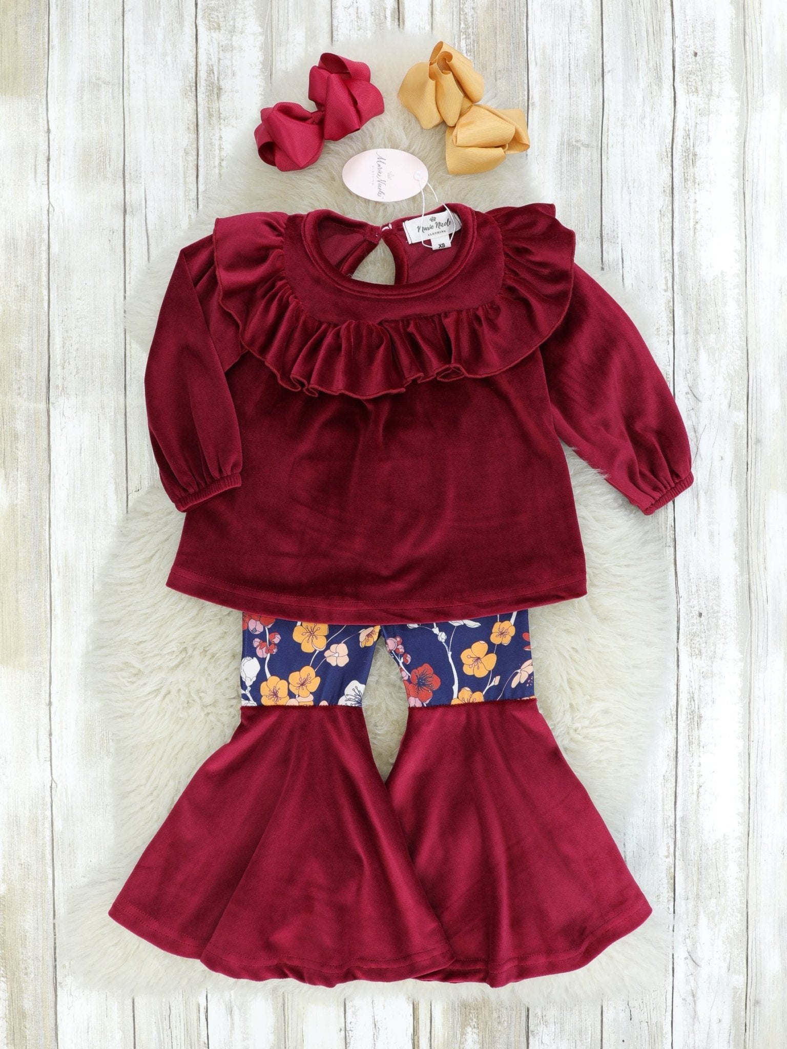 Burgundy Velvet Ruffle Top & Navy Floral Bell Bottoms Outfit - Marie Nicole Clothing