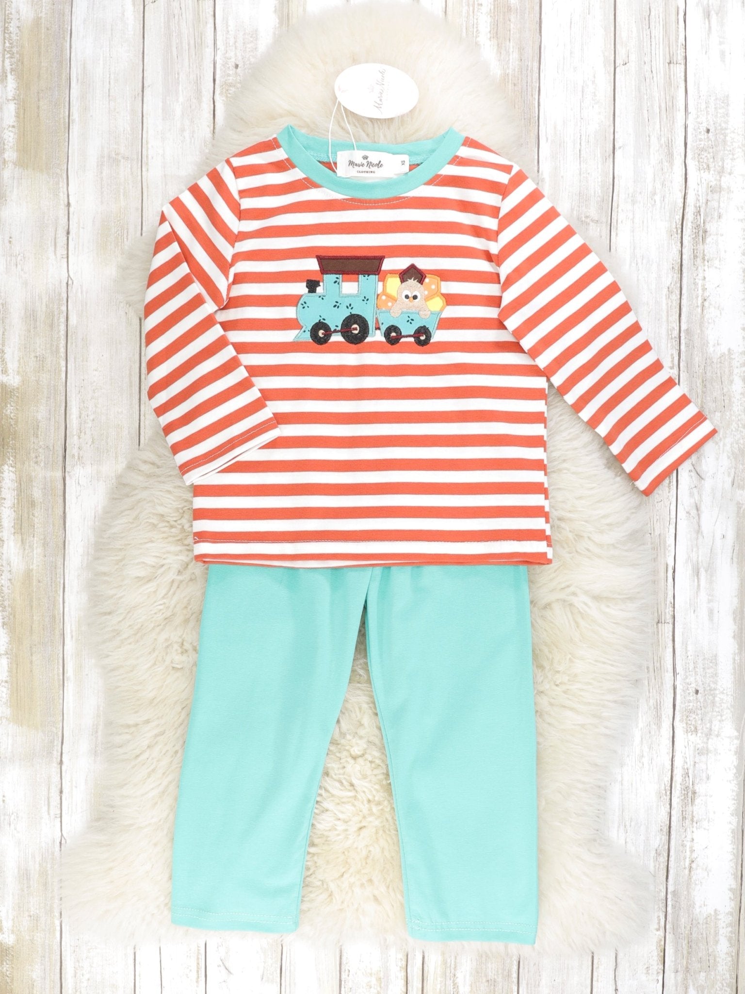 Striped Teal Turkey Train Outfit - Marie Nicole Clothing
