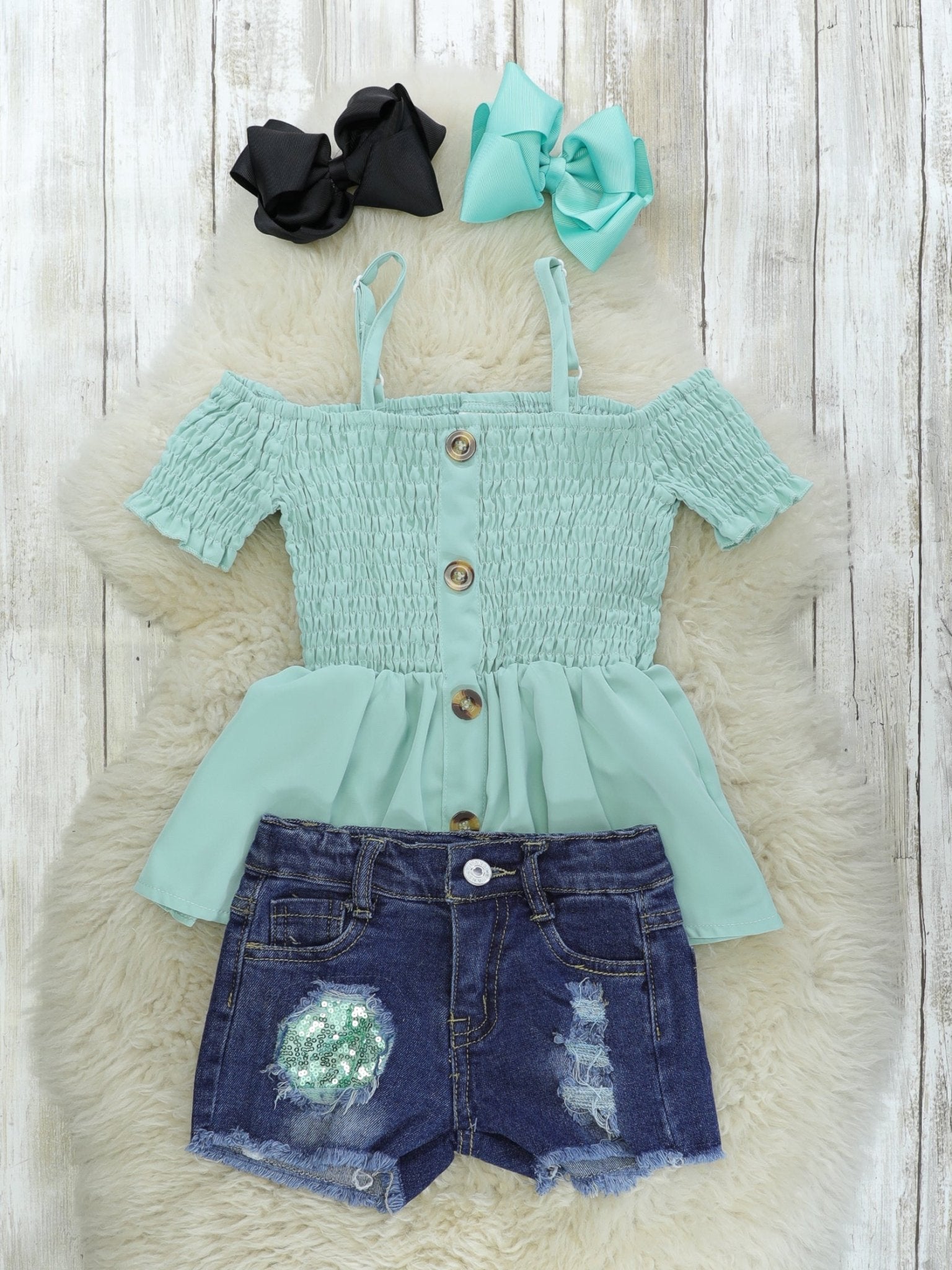 Teal Tunic Top & Sequin Denim Shorts Outfit - Marie Nicole Clothing