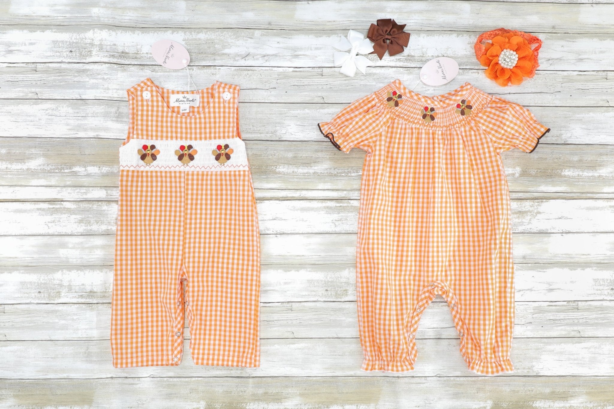 Orange Gingham Smocked Turkey Ruffle Romper - Marie Nicole Clothing