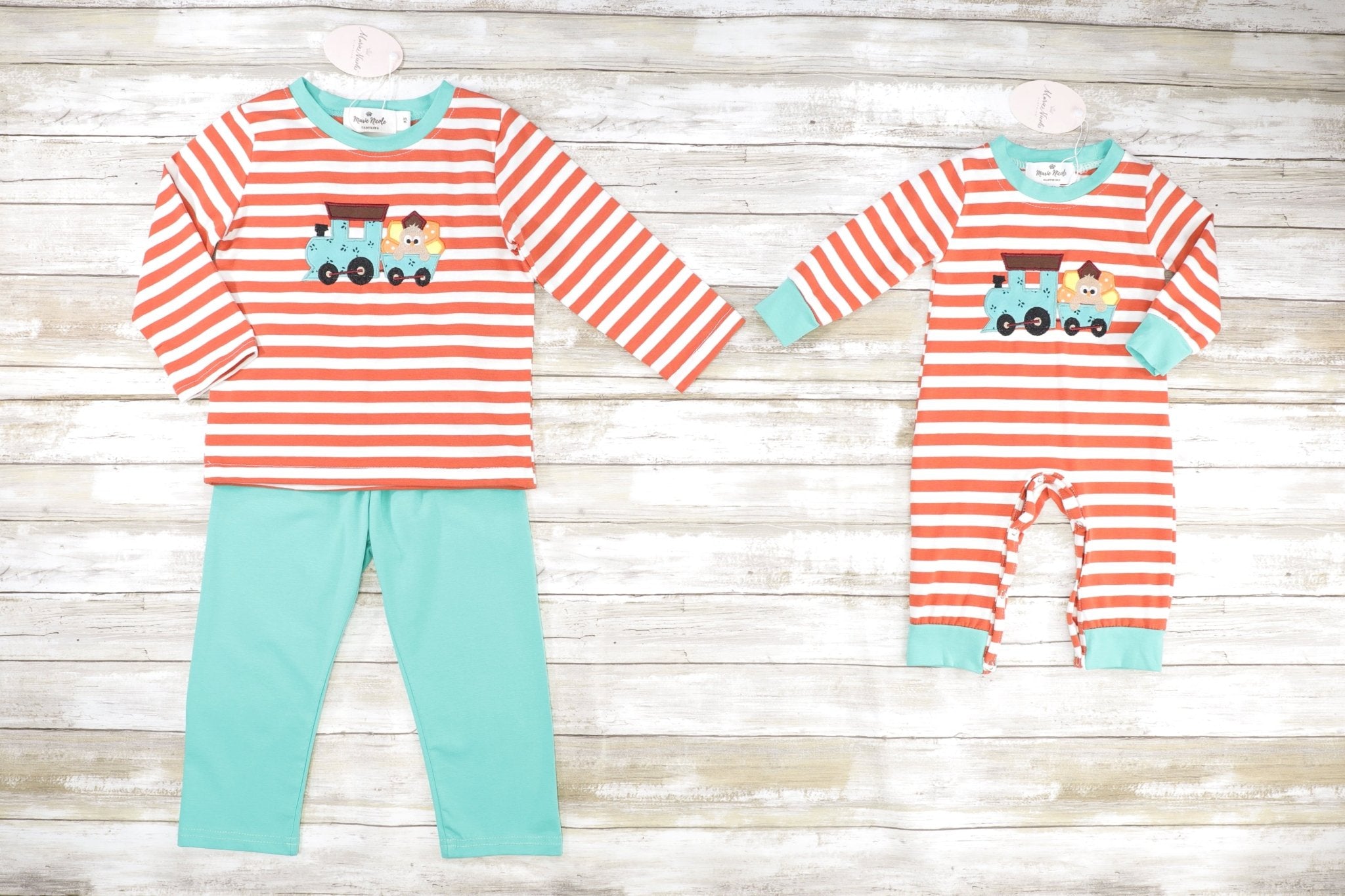 Striped Teal Turkey Train Outfit - Marie Nicole Clothing