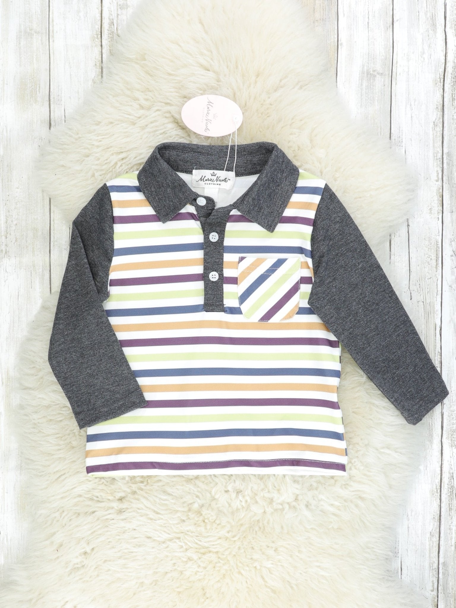Green Striped Raglan Pocket Polo Shirt - Marie Nicole Clothing
