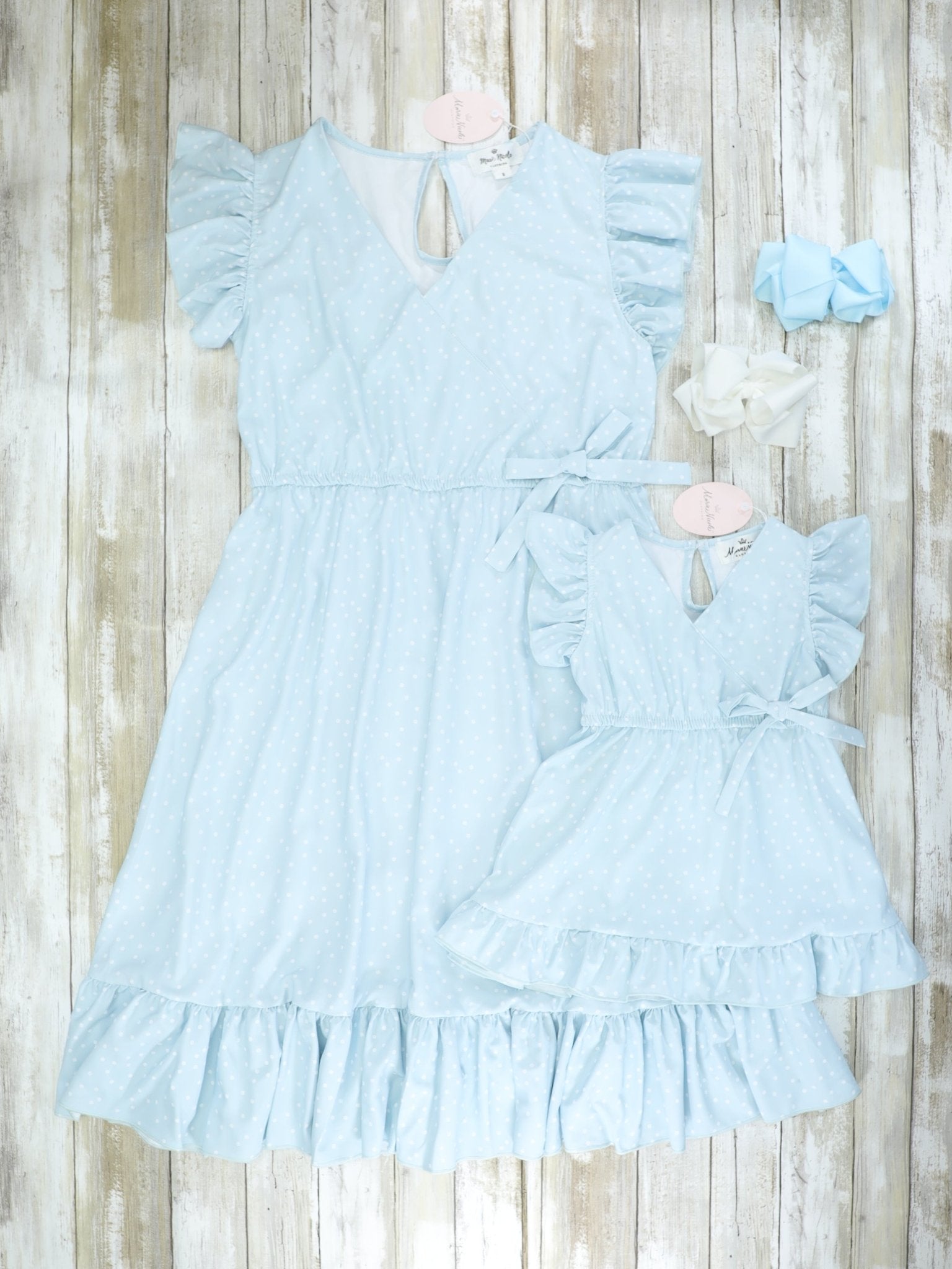 Mom & Me Polka Dotted Powder Blue Ruffle Dress - Marie Nicole Clothing