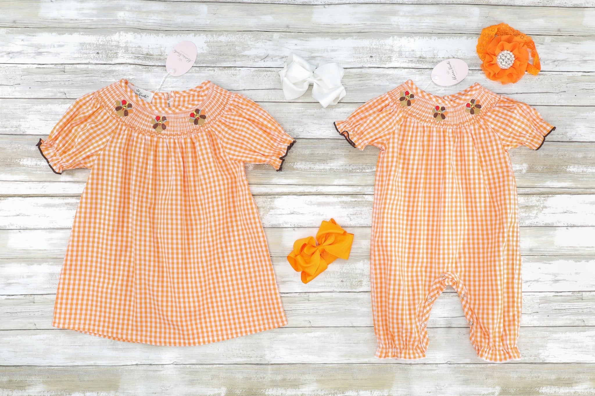 Orange Gingham Smocked Turkey Dress - Marie Nicole Clothing