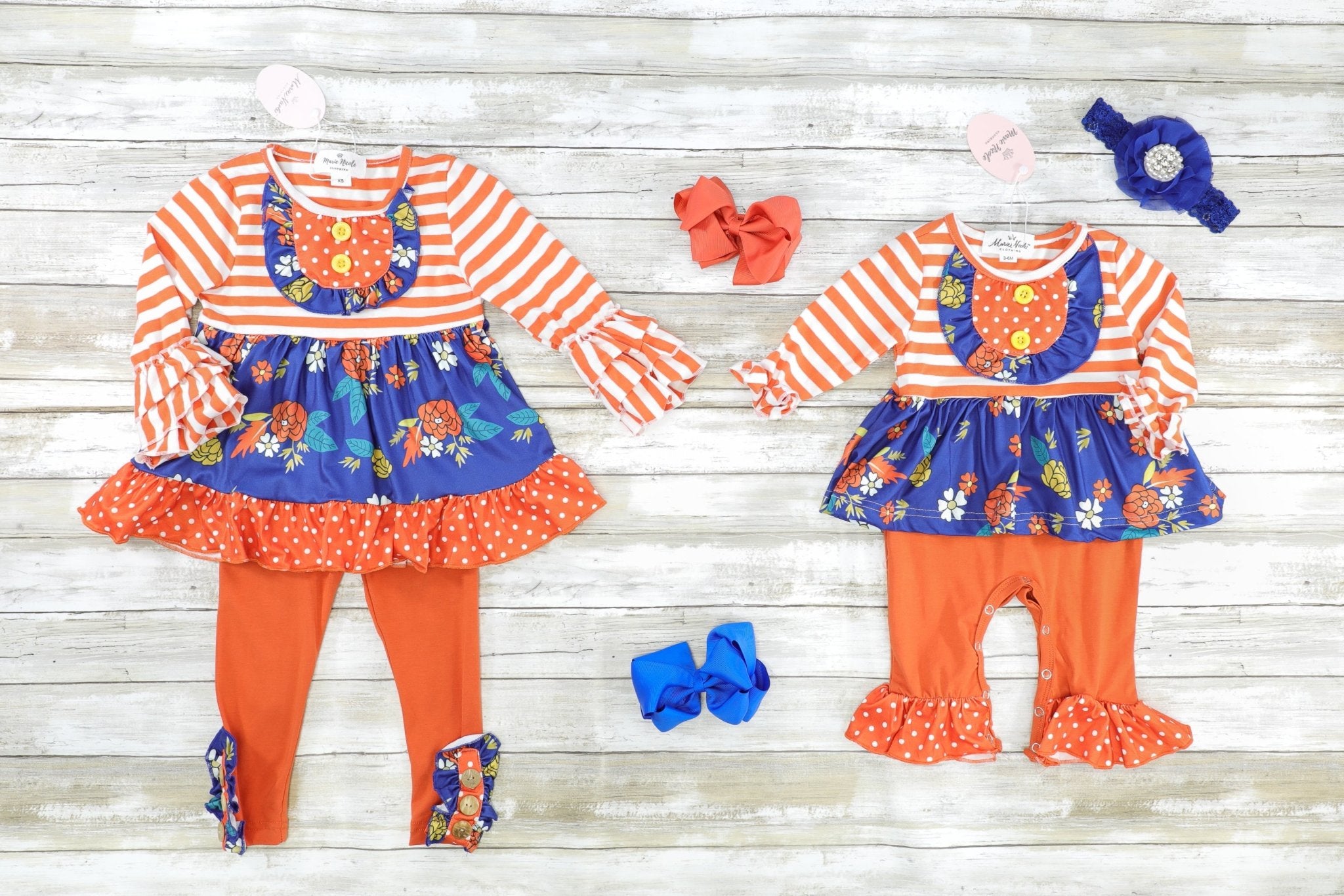 Orange & Blue Floral Dressy Ruffle Romper - Marie Nicole Clothing