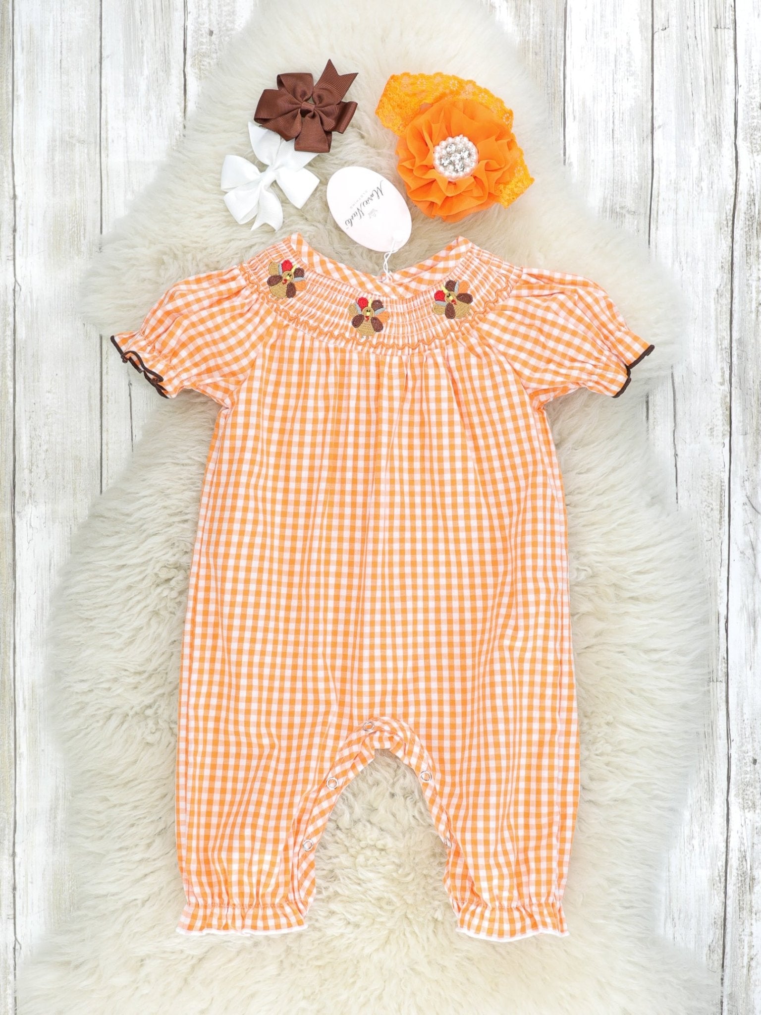 Orange Gingham Smocked Turkey Ruffle Romper - Marie Nicole Clothing