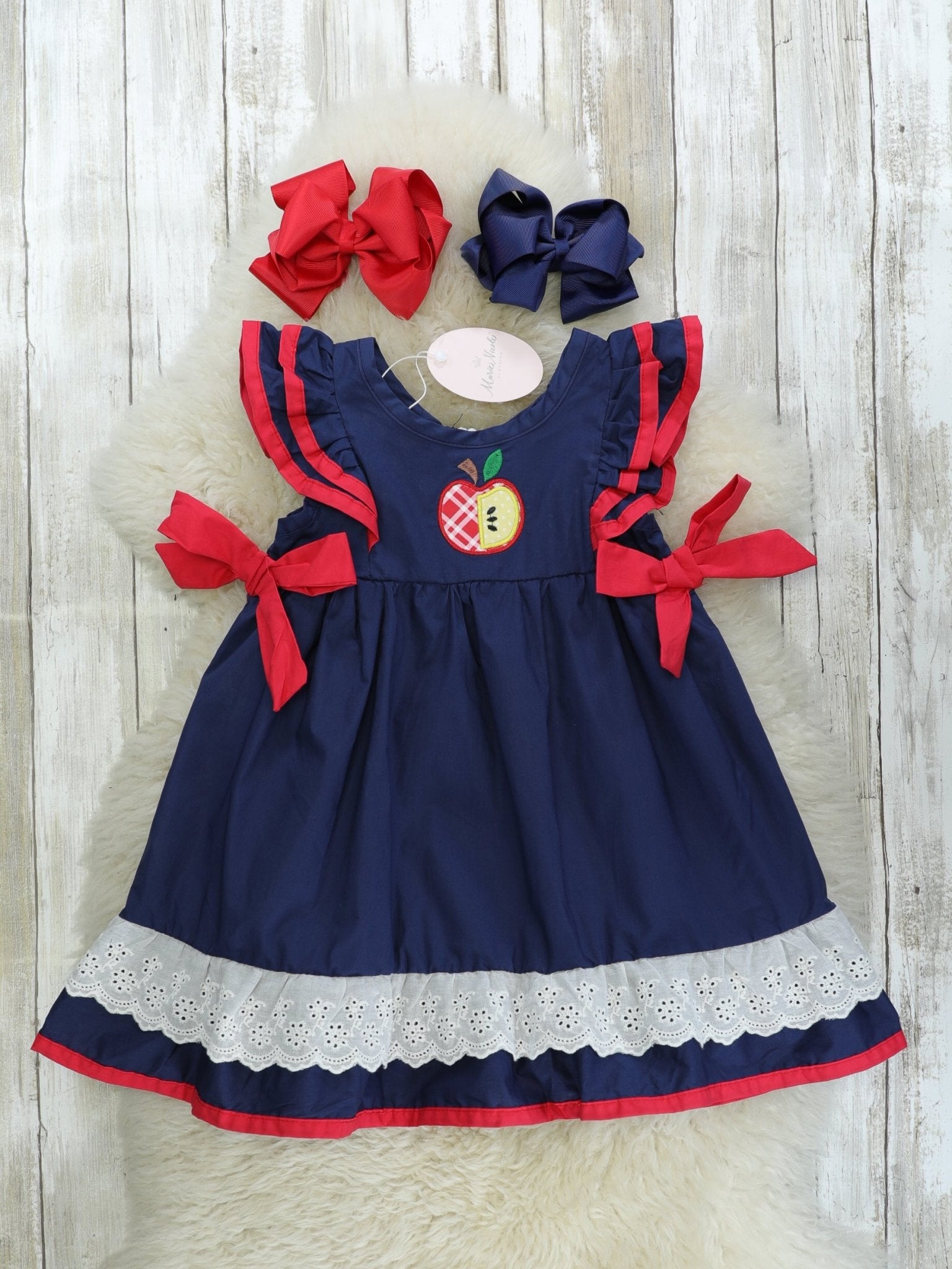 Navy & Red Apple Ruffle Dress - Marie Nicole Clothing