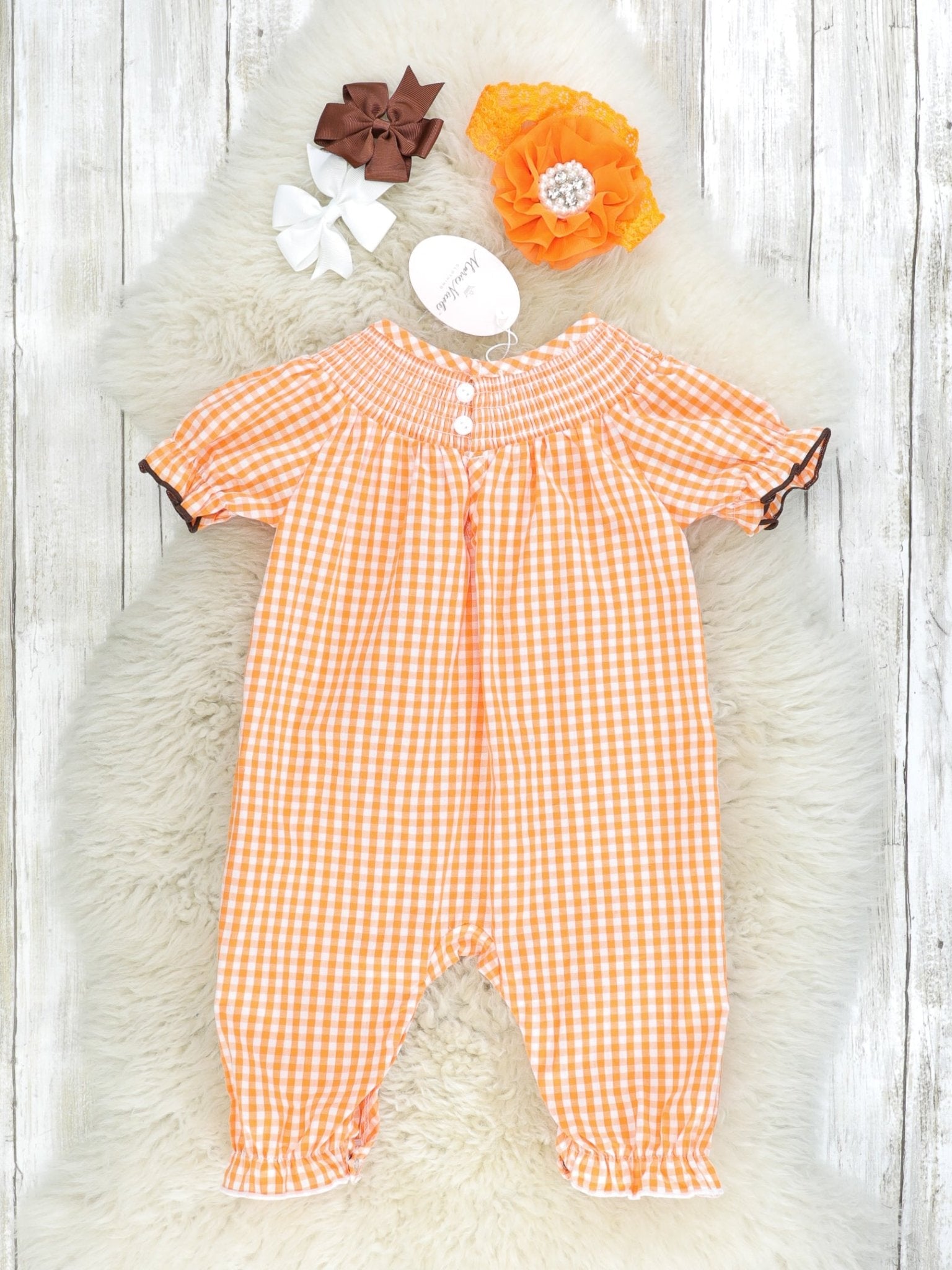 Orange Gingham Smocked Turkey Ruffle Romper - Marie Nicole Clothing