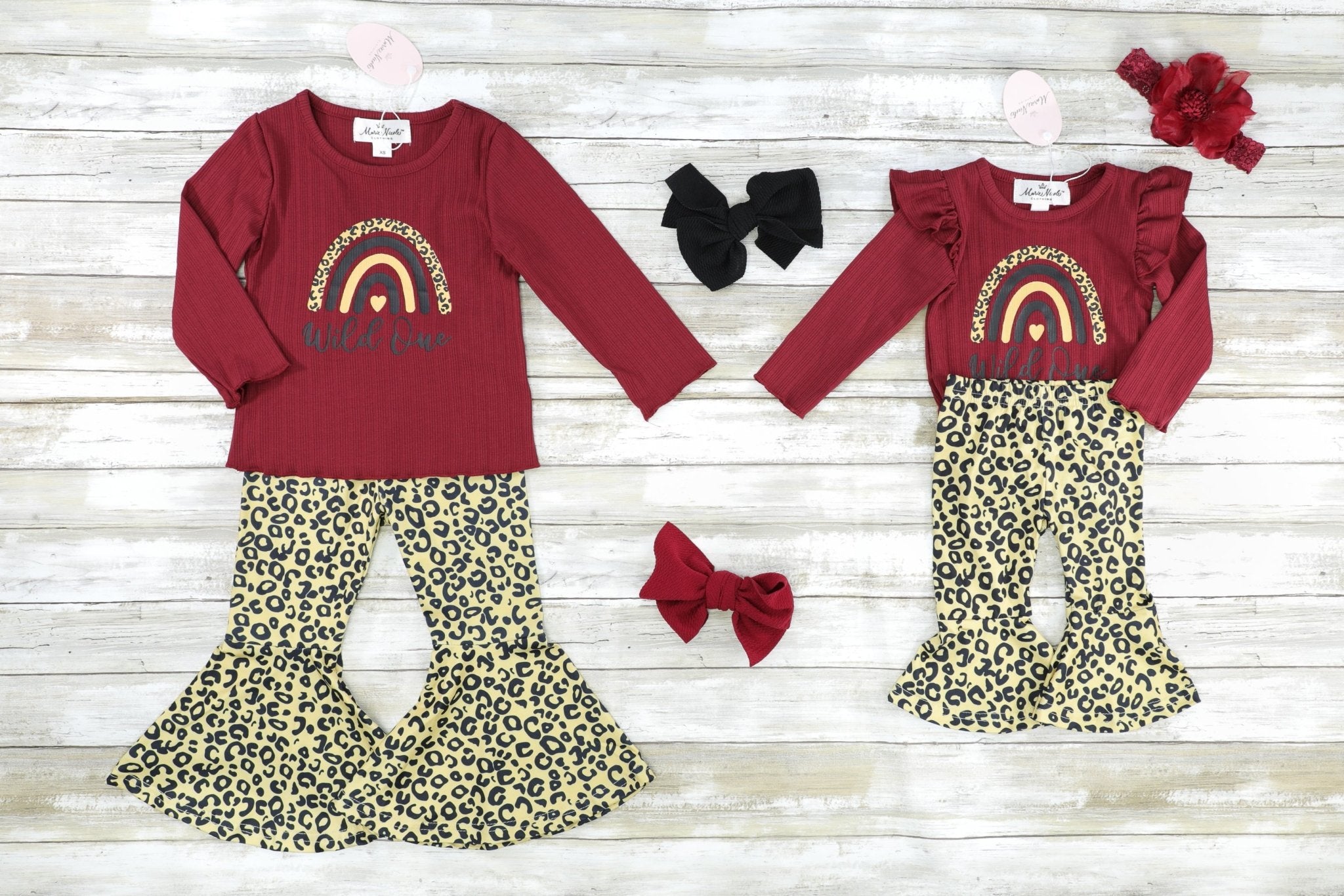 Burgundy "Wild One" Ribbed Leopard Onesie & Bell Bottom Outfit - Marie Nicole Clothing