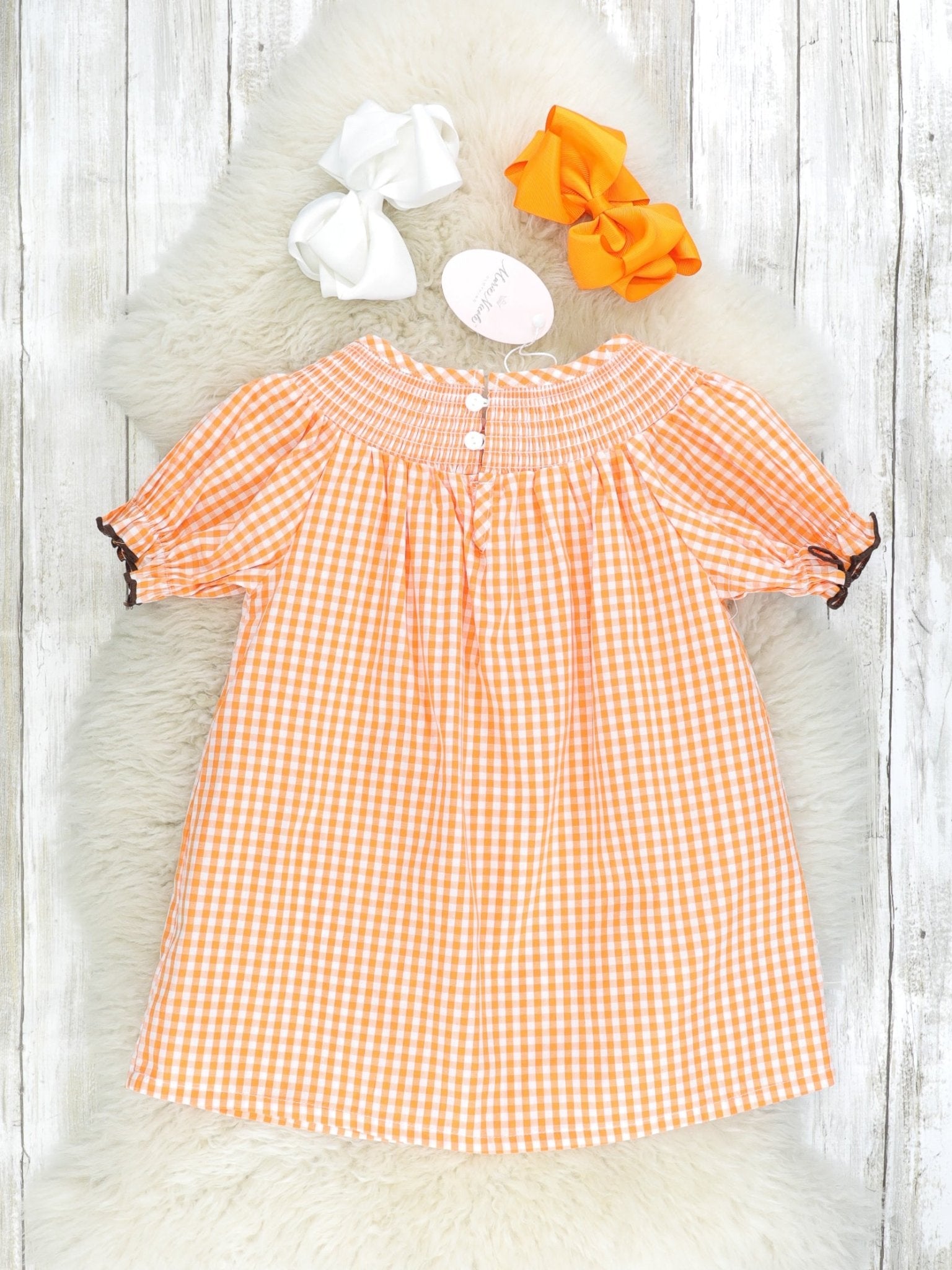 Orange Gingham Smocked Turkey Dress - Marie Nicole Clothing