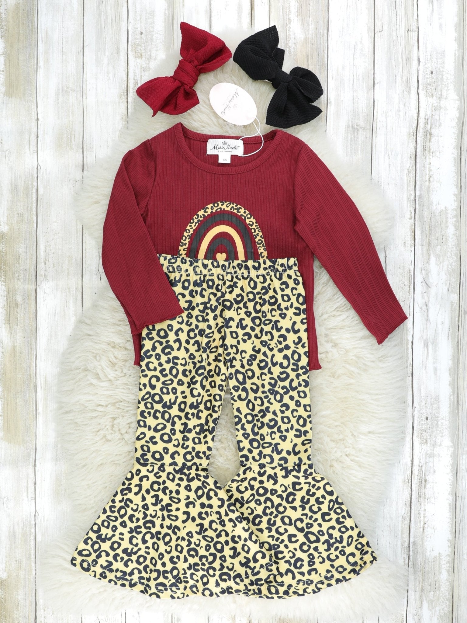 Burgundy "Wild One" Ribbed Leopard Top & Bell Bottom Outfit - Marie Nicole Clothing