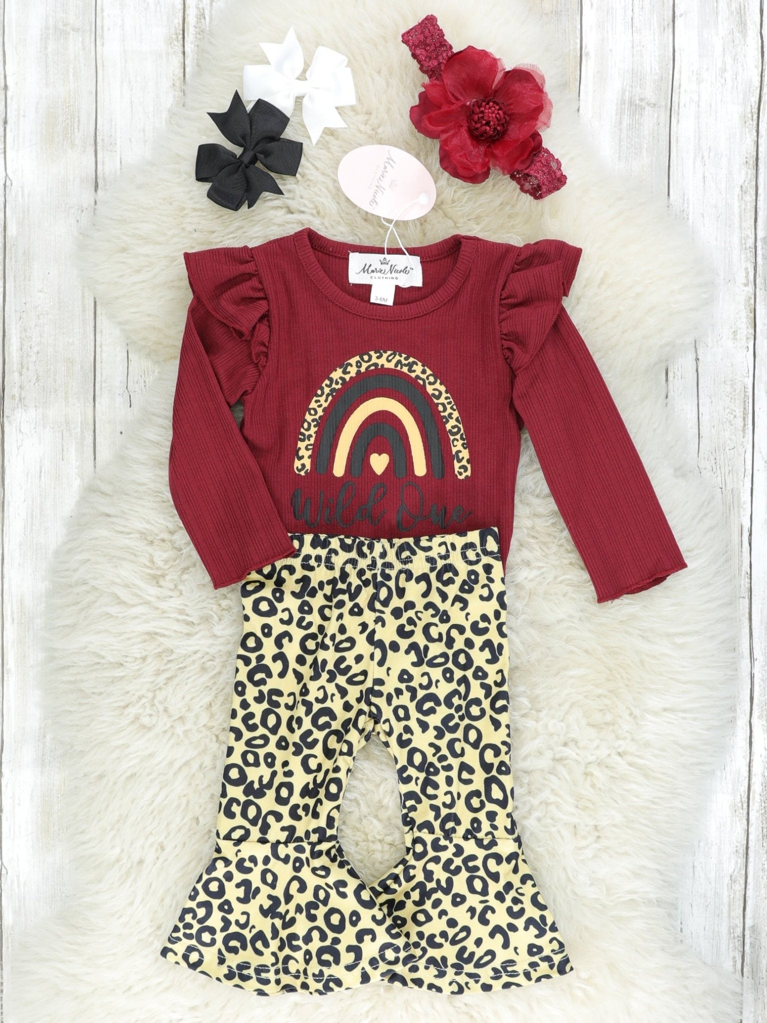 Burgundy "Wild One" Ribbed Leopard Onesie & Bell Bottom Outfit - Marie Nicole Clothing