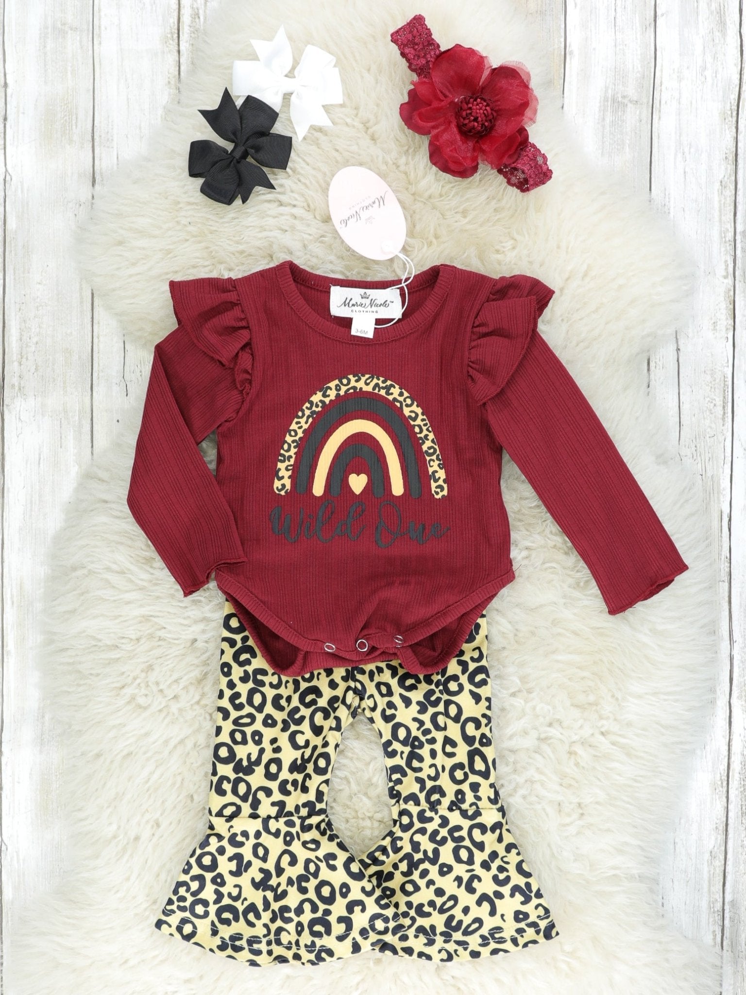 Burgundy "Wild One" Ribbed Leopard Onesie & Bell Bottom Outfit - Marie Nicole Clothing