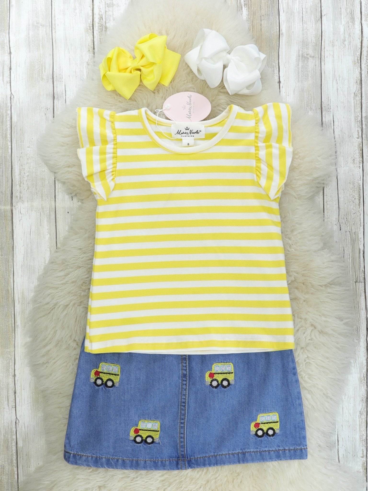 Yellow Bus Denim Overall Dress - Marie Nicole Clothing