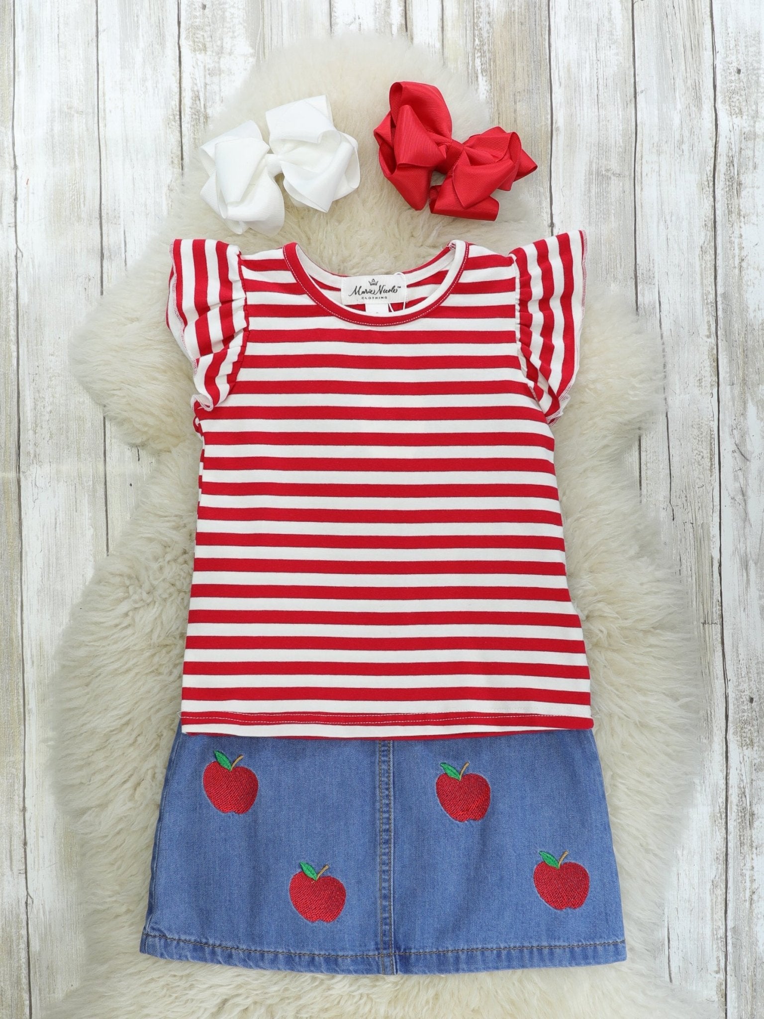 Red Apple Denim Overall Dress - Marie Nicole Clothing