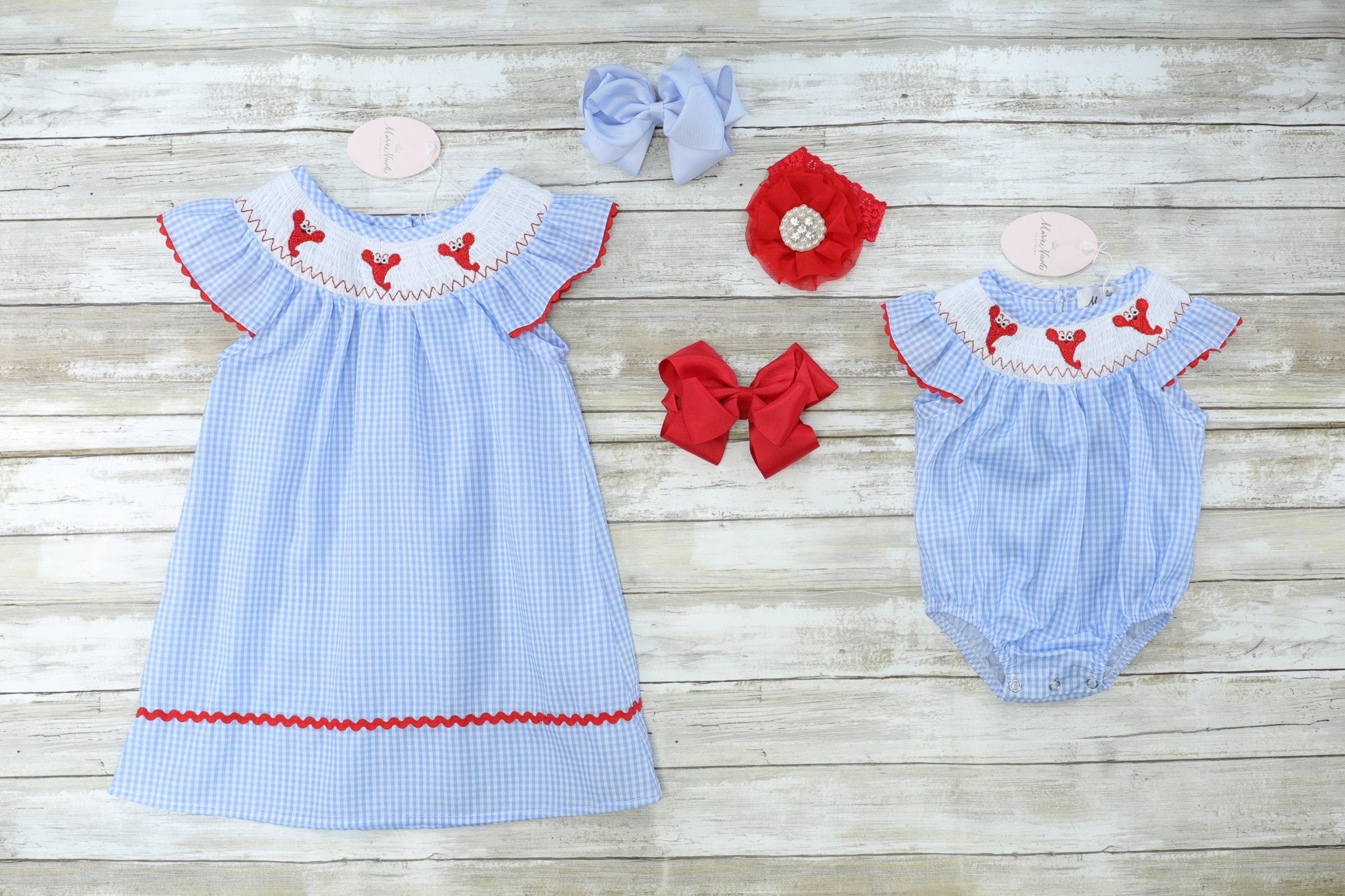 Blue Gingham Lobster Smocked Ruffle Romper - Marie Nicole Clothing