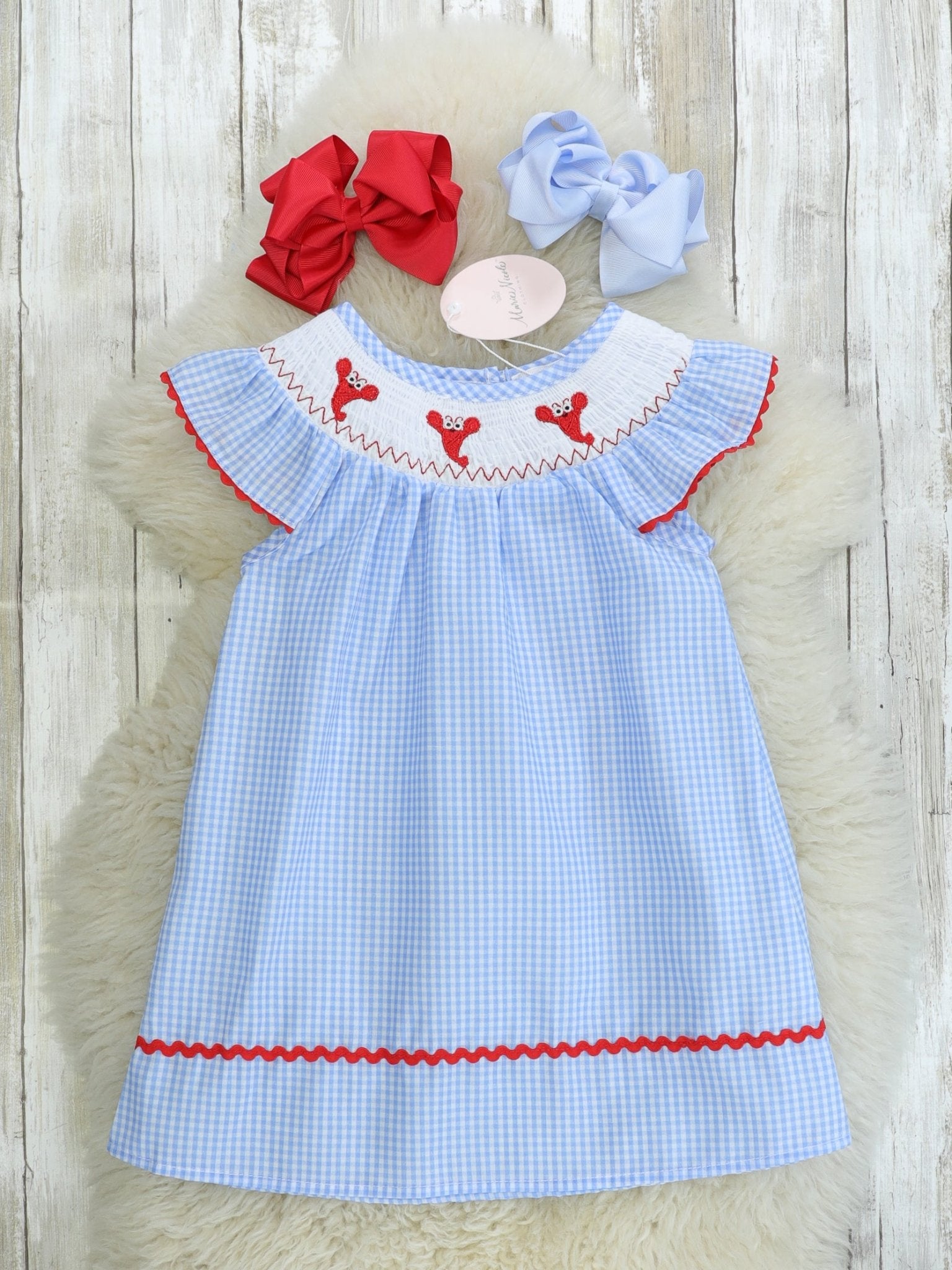 Blue Gingham Lobster Smocked Dress - Marie Nicole Clothing