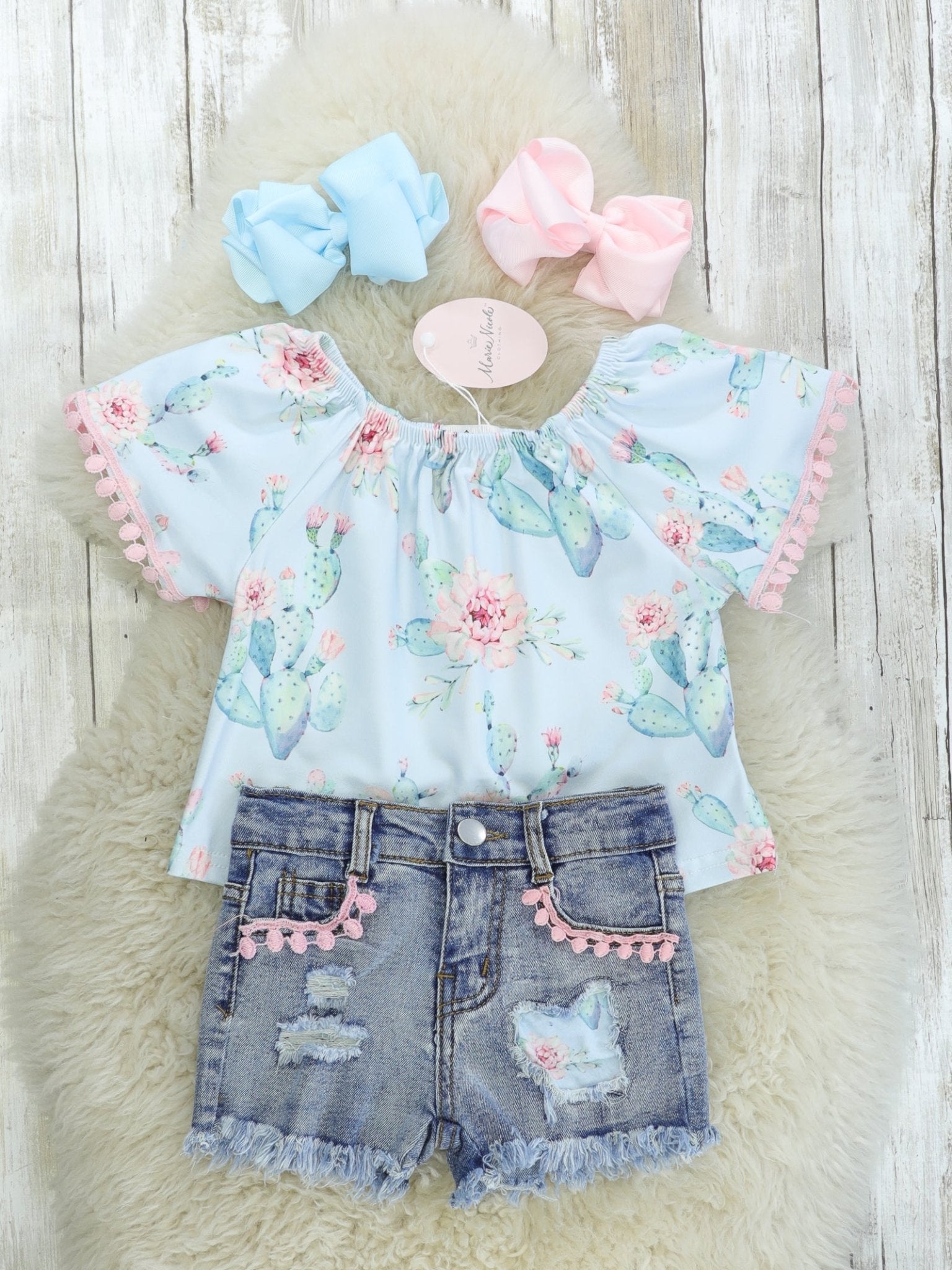 Cactus Denim Pom Pom Outfit - Marie Nicole Clothing