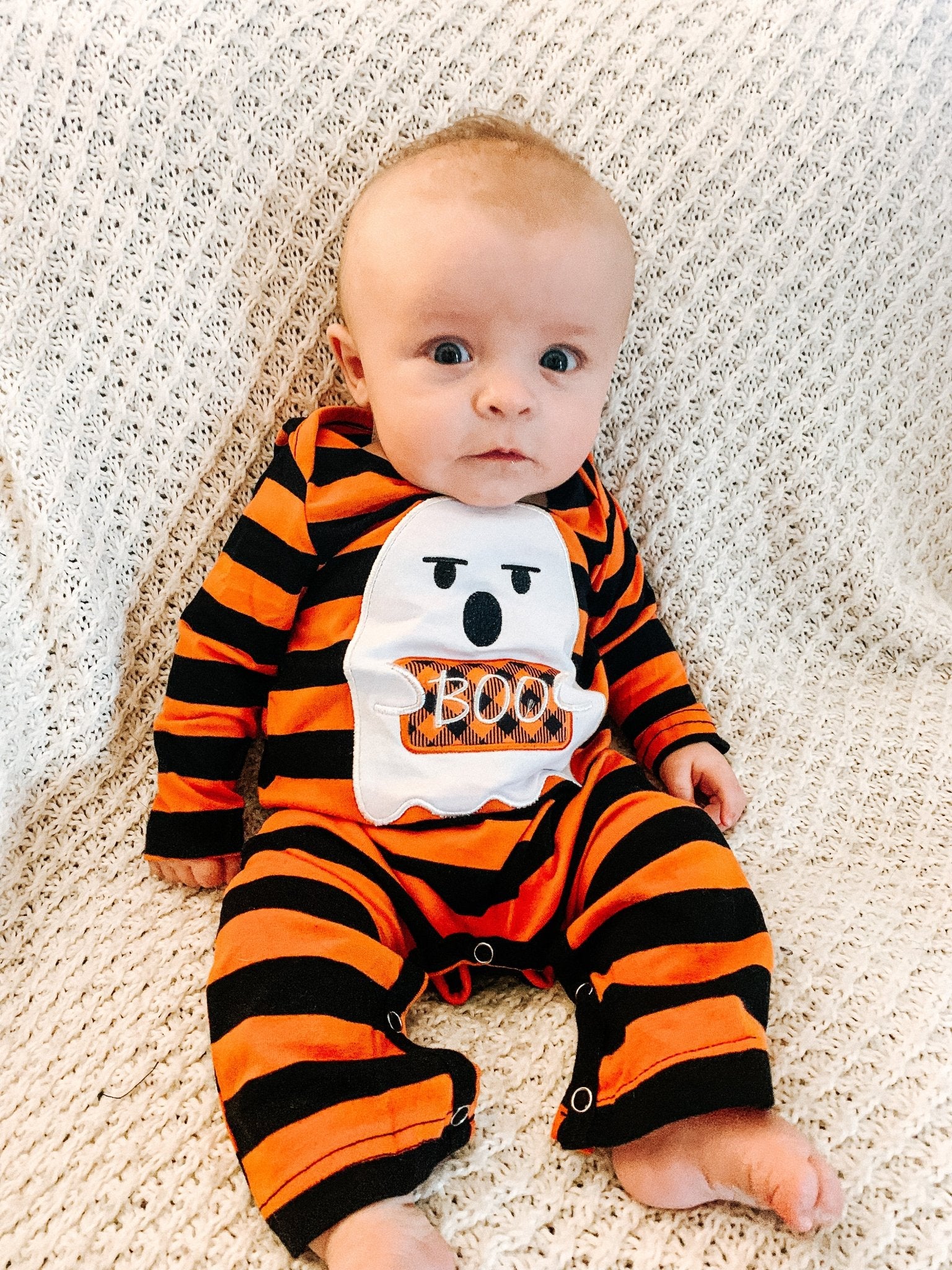 Orange Striped "BOO" Ghost Romper - Marie Nicole Clothing
