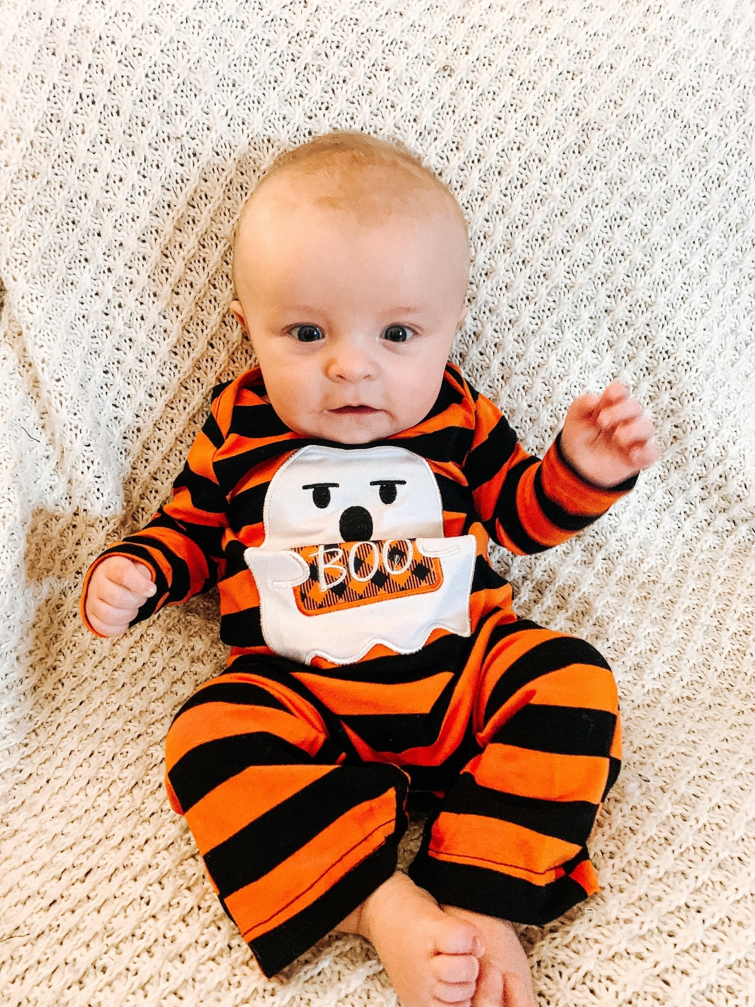 Orange Striped "BOO" Ghost Romper - Marie Nicole Clothing
