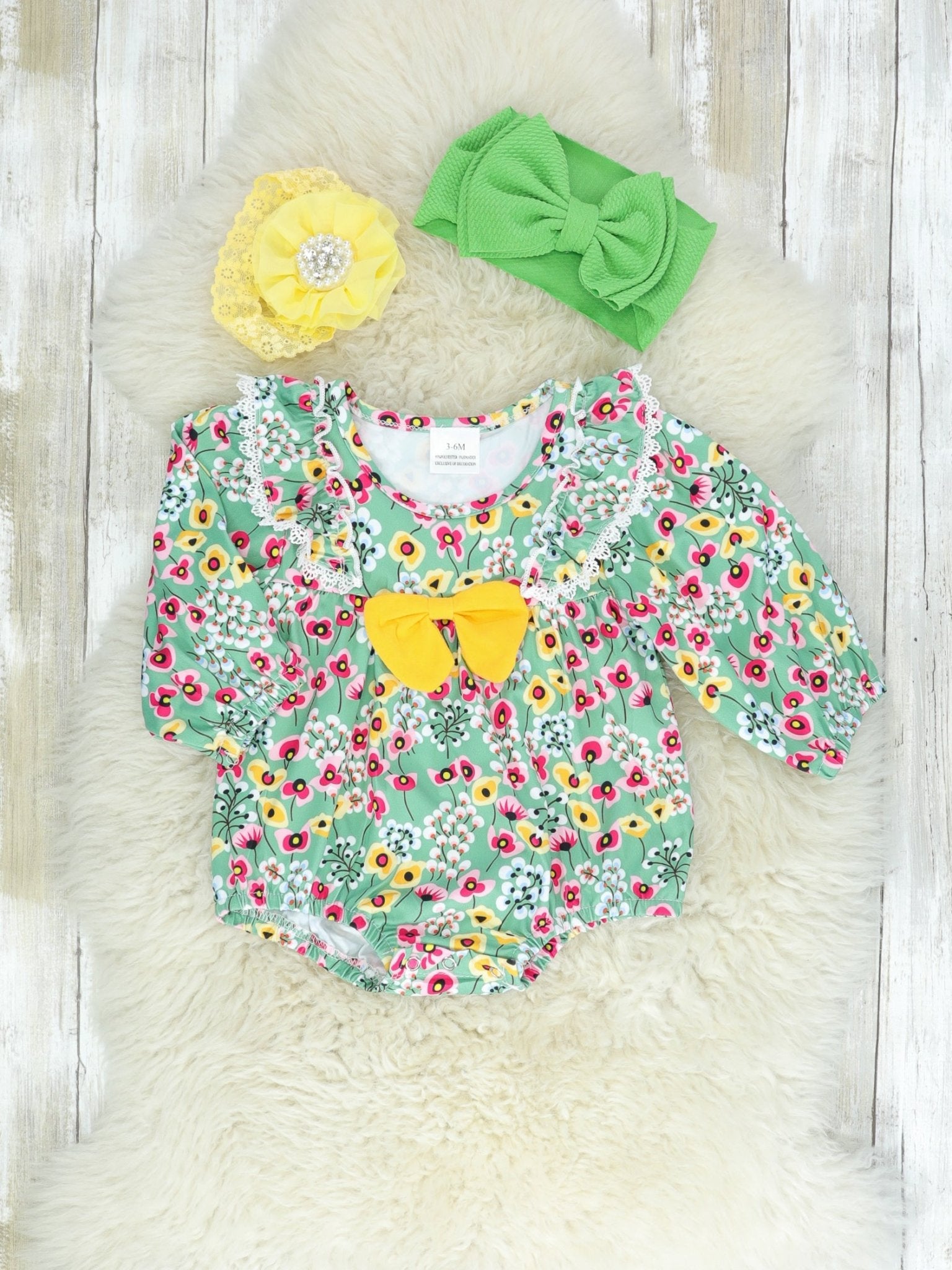 Green, Pink, & Mustard Vintage Bubble Romper - Marie Nicole Clothing