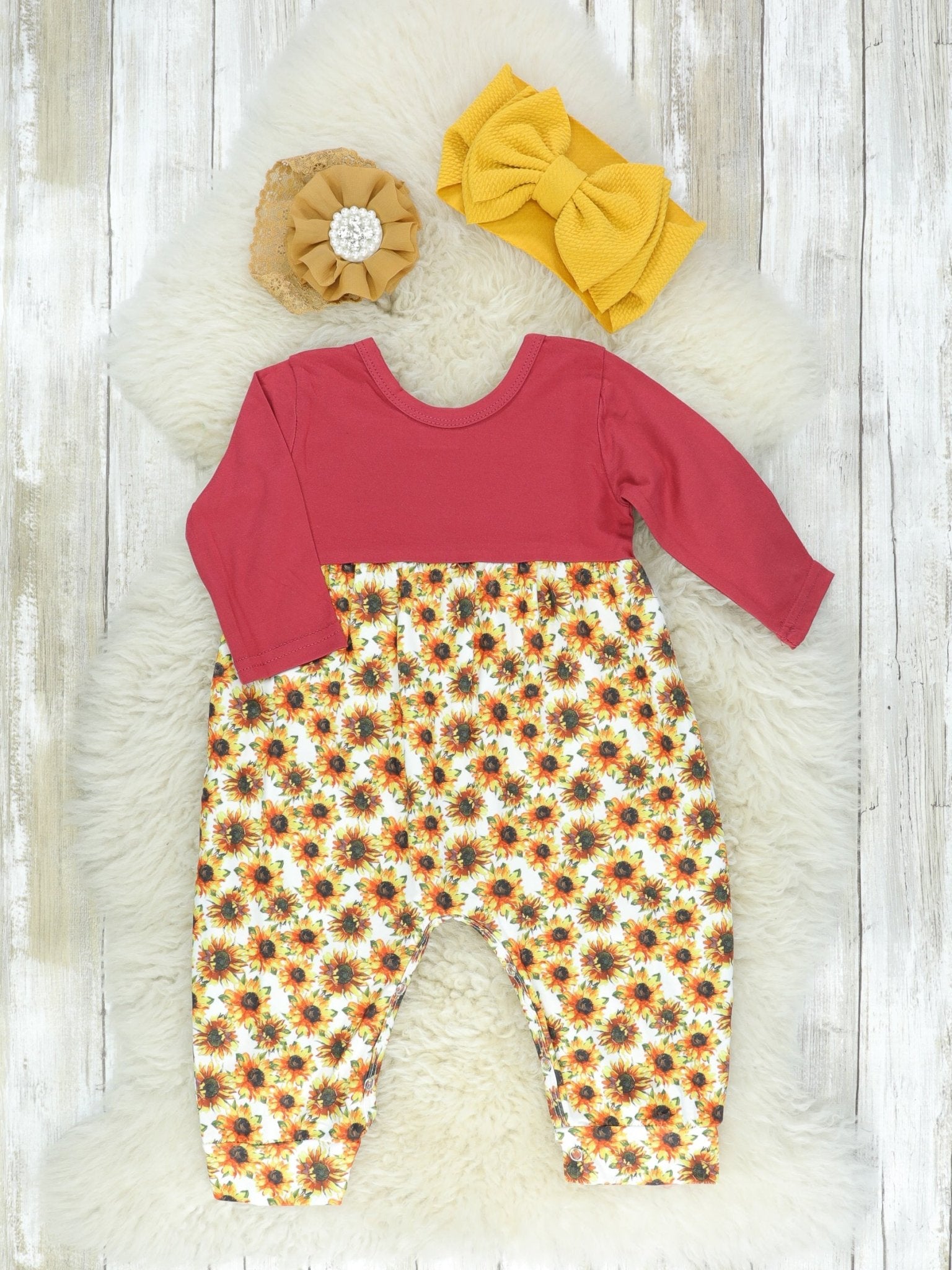 Burgundy Sunflower Romper - Marie Nicole Clothing