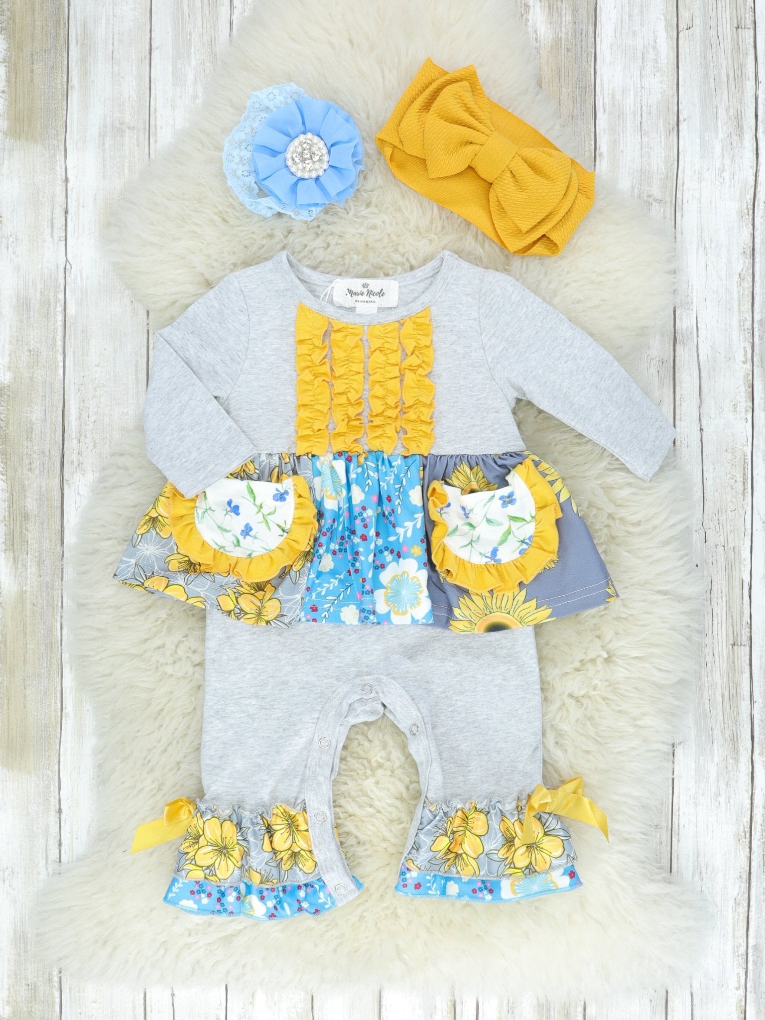 Grey & Mustard Floral Pocket Ruffle Dressy Romper - Marie Nicole Clothing