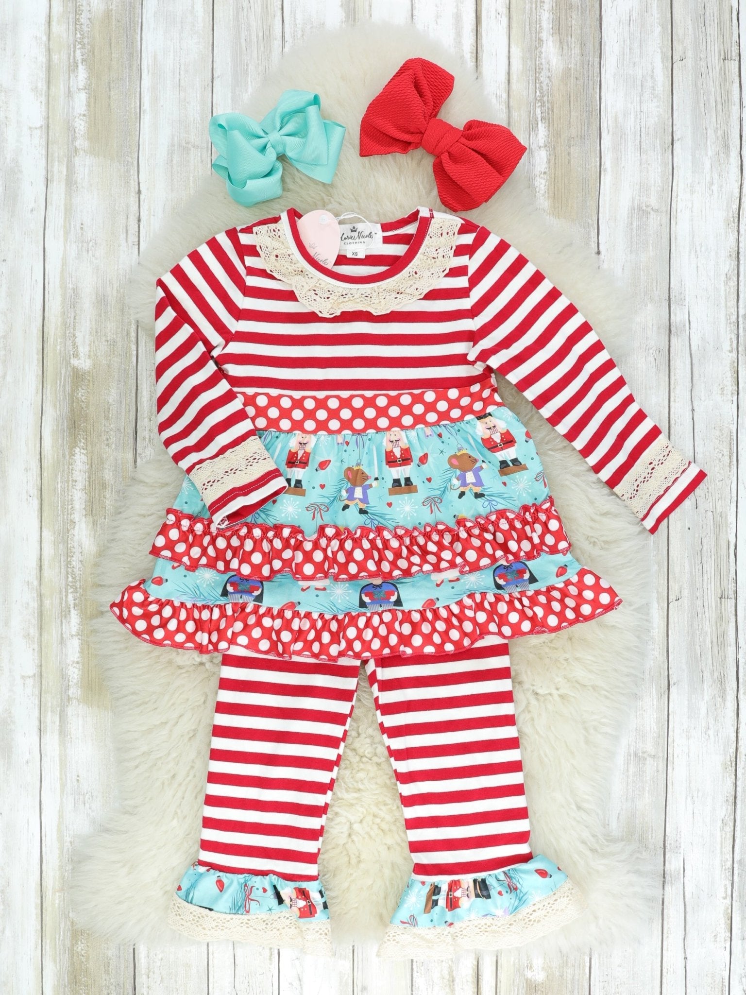 Red & White Striped Nutcracker Ruffle Outfit - Marie Nicole Clothing