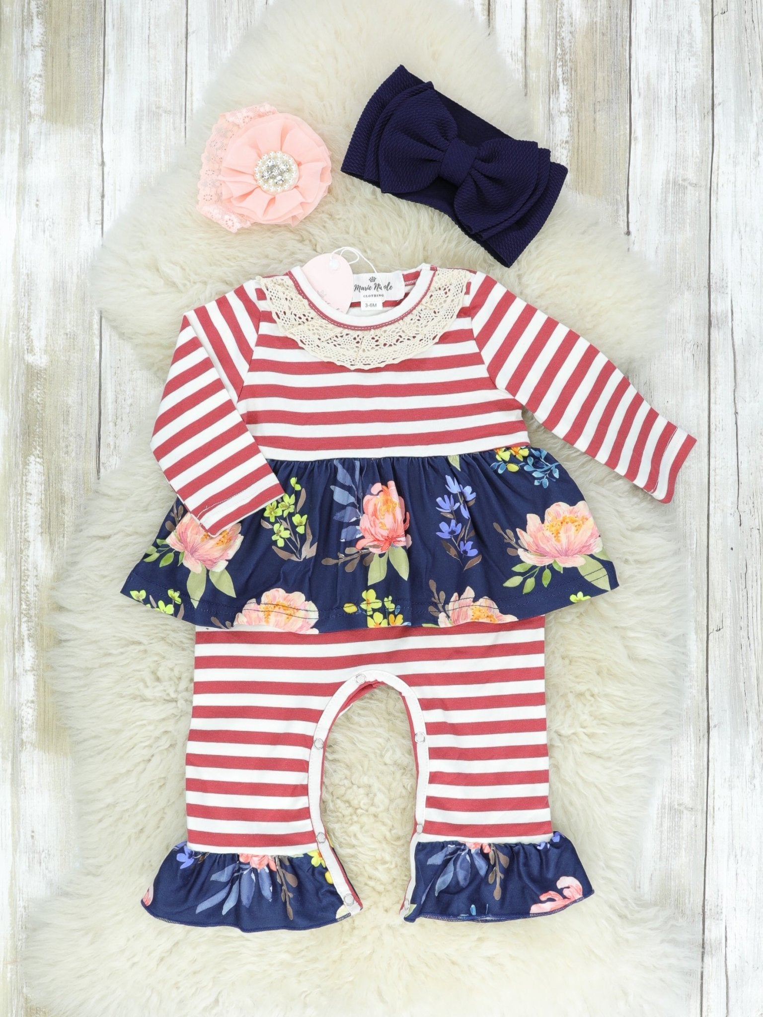 Burgundy Striped Floral Dressy Romper - Marie Nicole Clothing