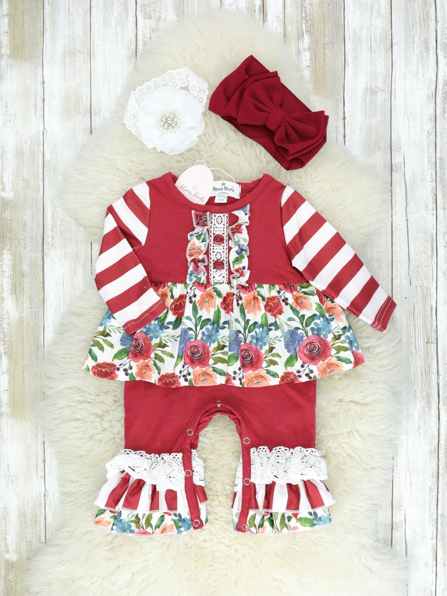 Burgundy & White Floral Dressy Romper - Marie Nicole Clothing