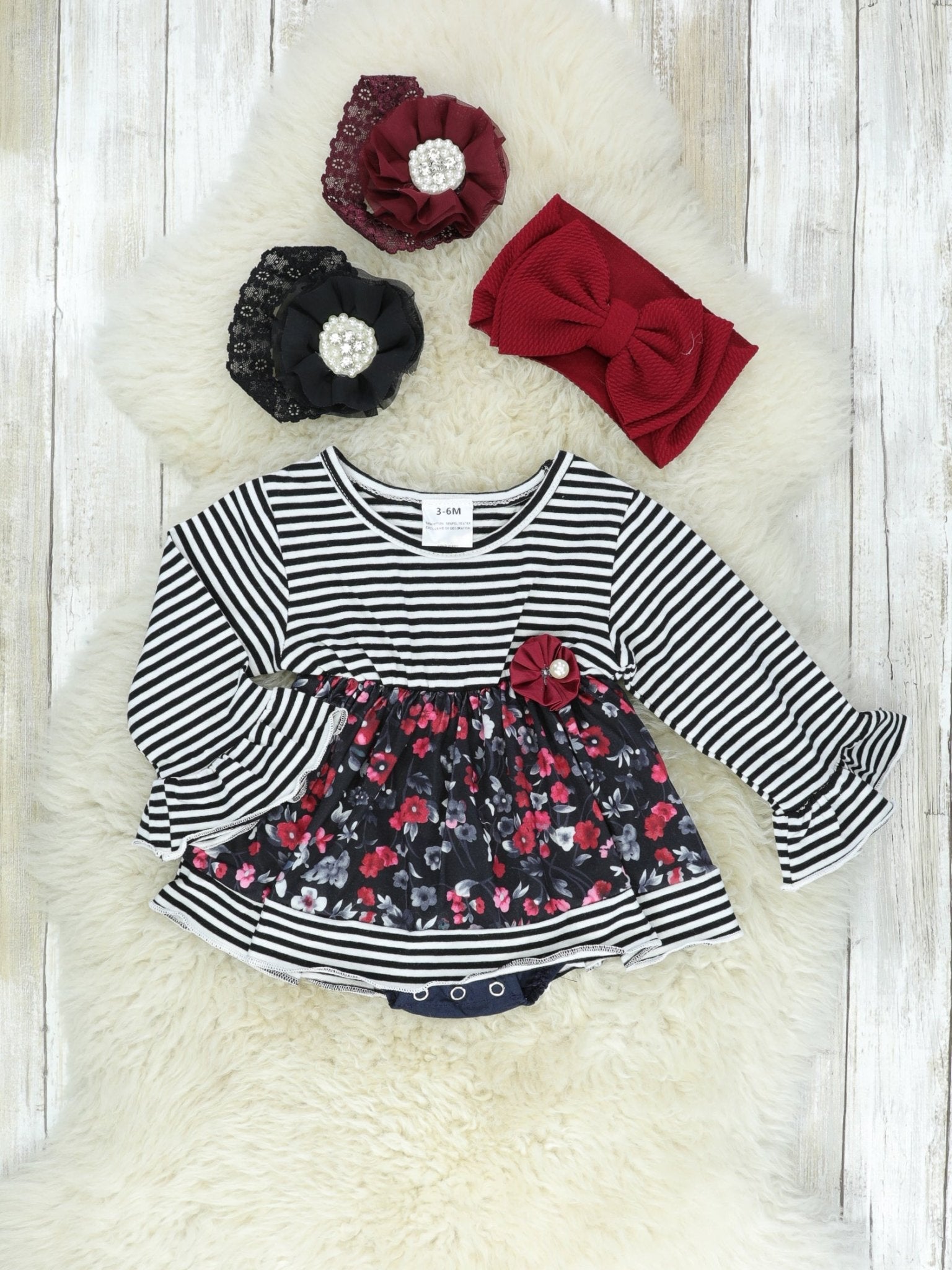 Black & White Striped Dark Floral Ruffle Romper Dress - Marie Nicole Clothing