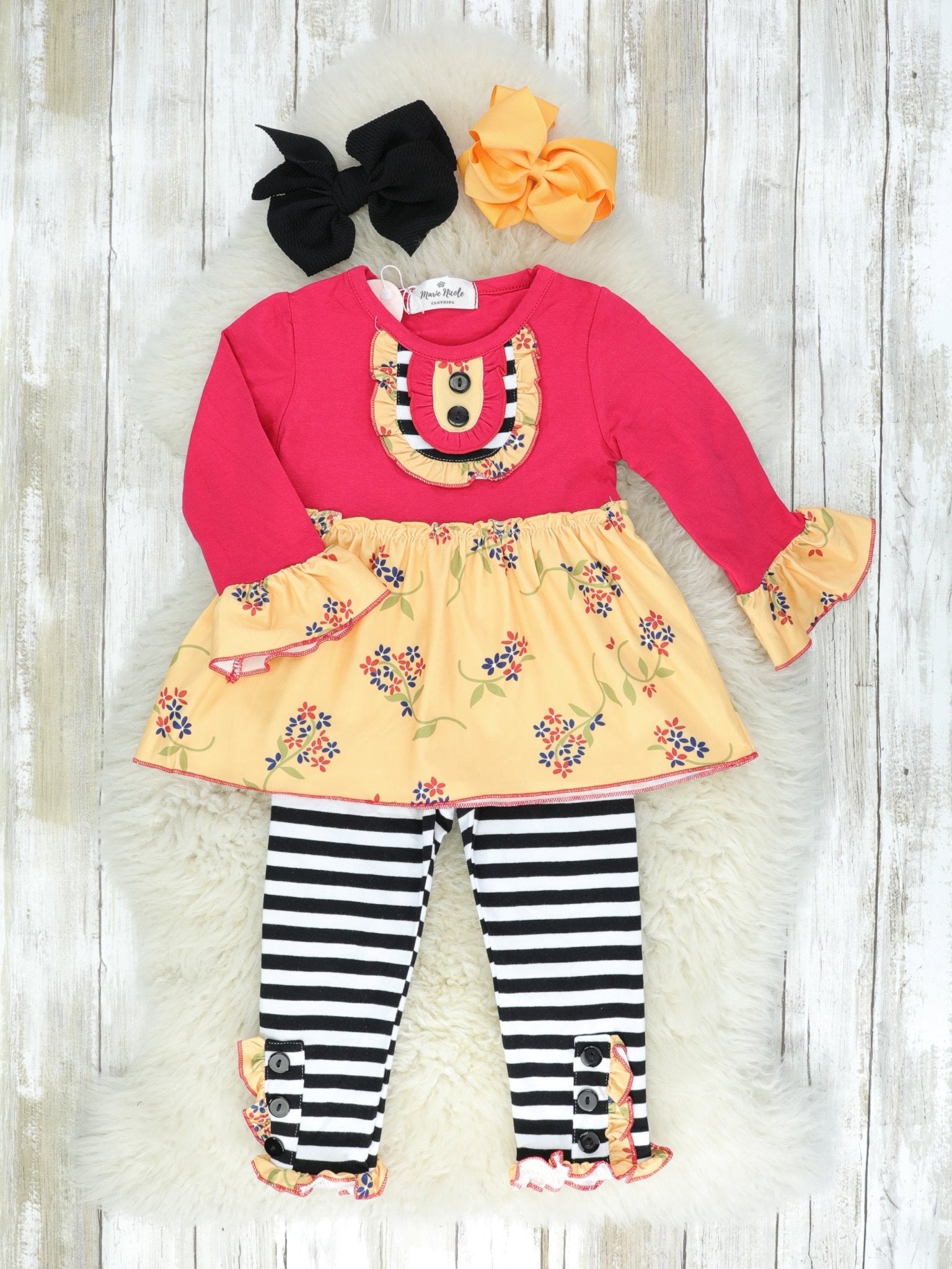 Red & Mustard Floral Tunic & Black & White Striped Pants - Marie Nicole Clothing