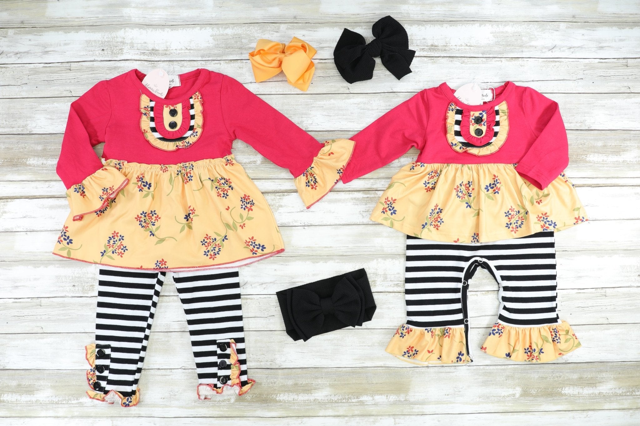 Red & Mustard Floral Tunic & Black & White Striped Pants - Marie Nicole Clothing