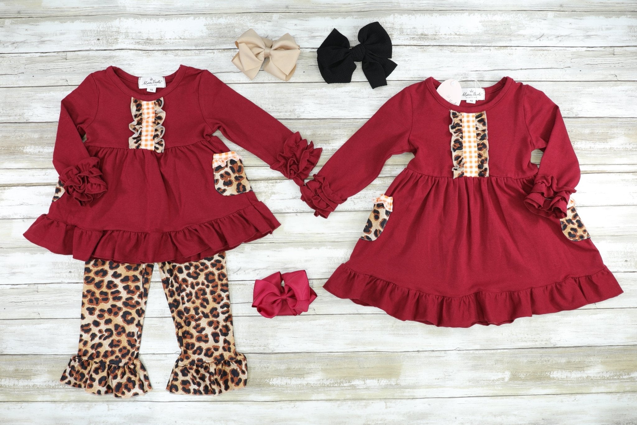 Burgundy & Leopard Pocket Ruffle Dress - Marie Nicole Clothing
