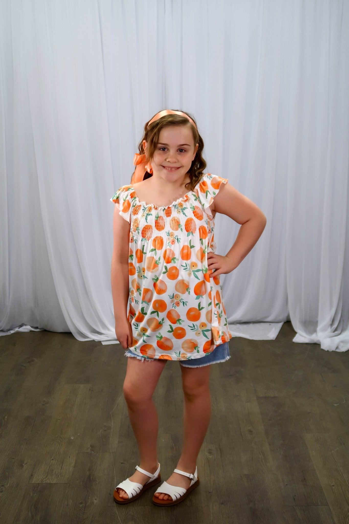 Mandarin Oranges Ruffle Top & Denim Shorts Outfit - Marie Nicole Clothing